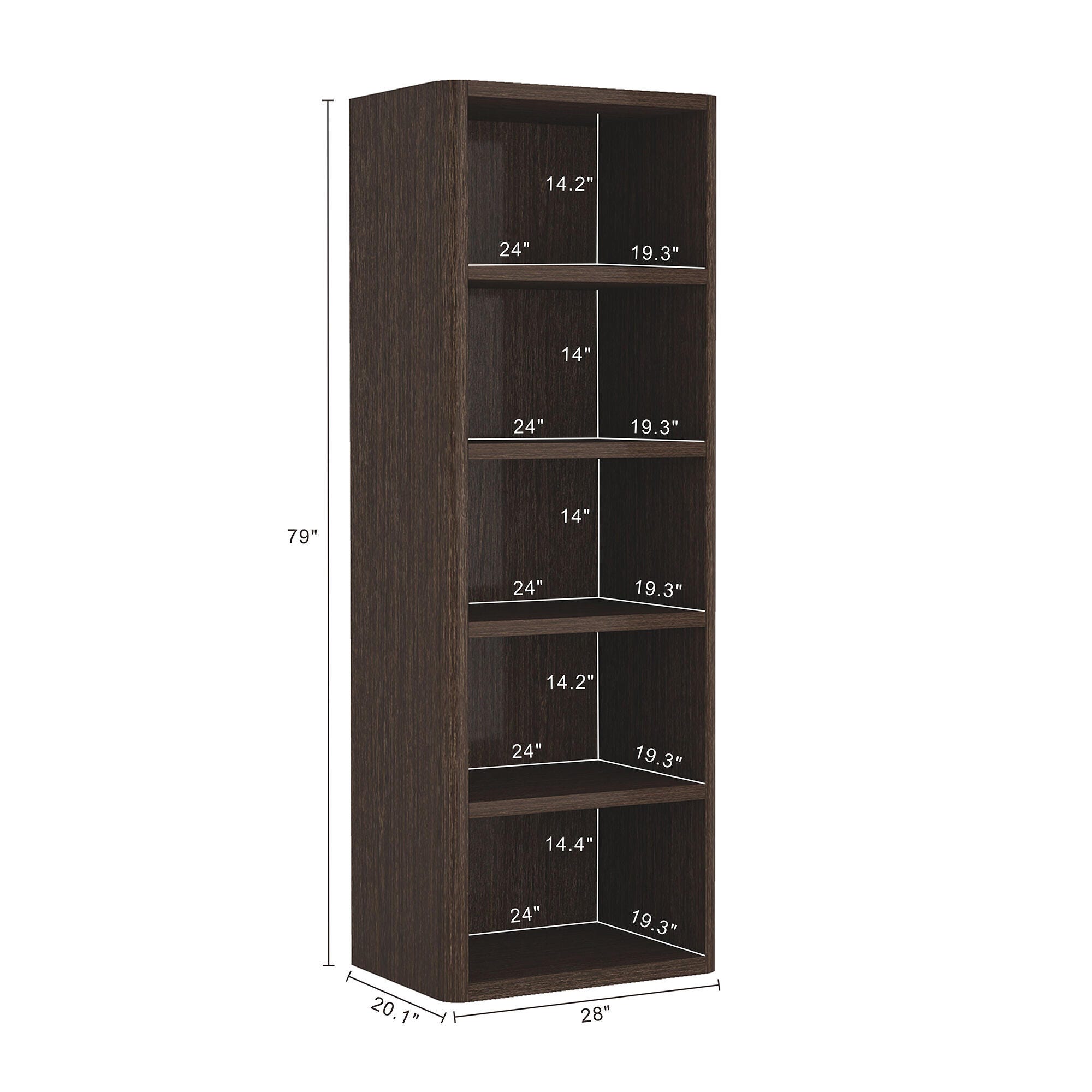 Manhattan Comfort Rivington 79" Open Bookcase, Dark Walnut, large