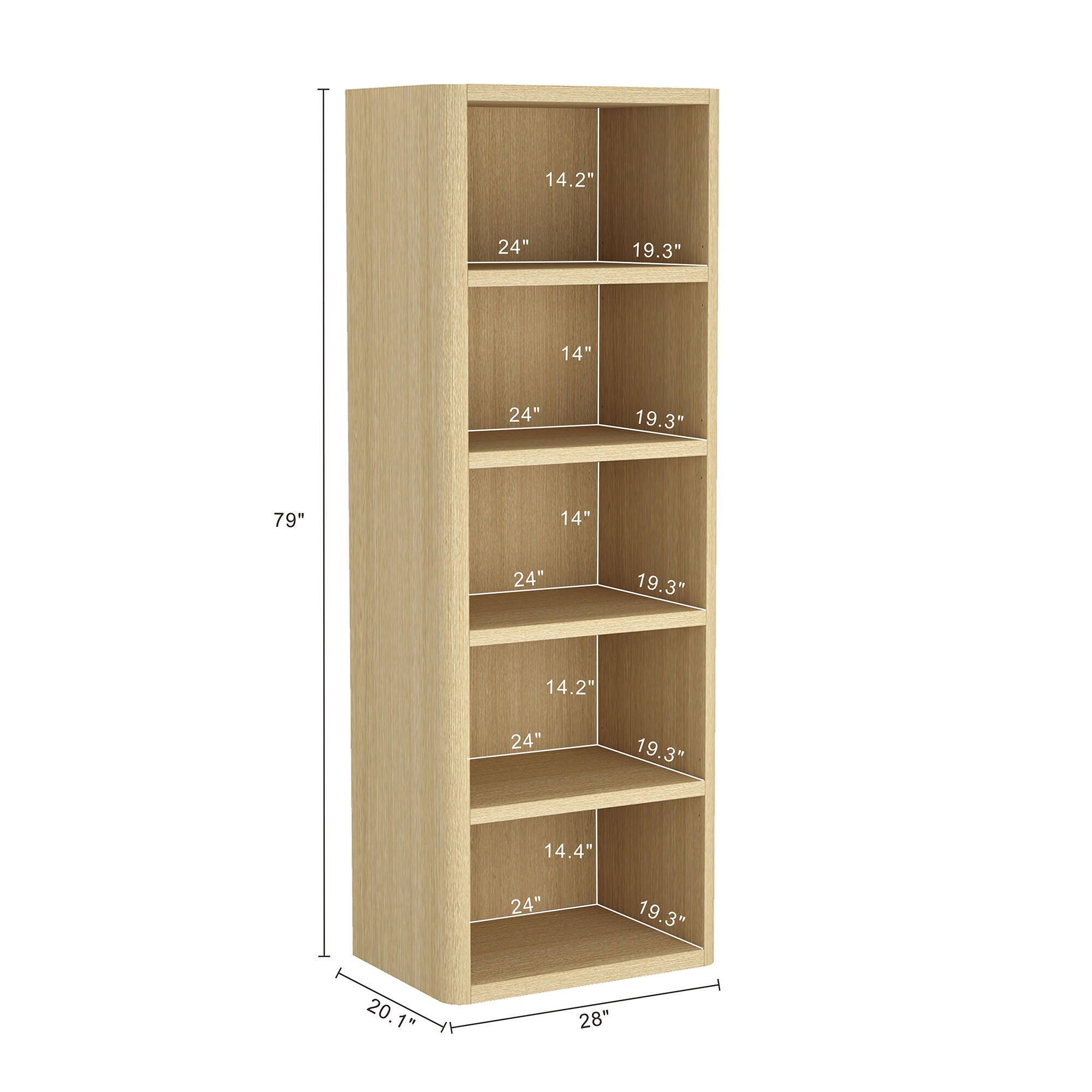 Manhattan Comfort Rivington 79" Open Bookcase, Natural Oak, large