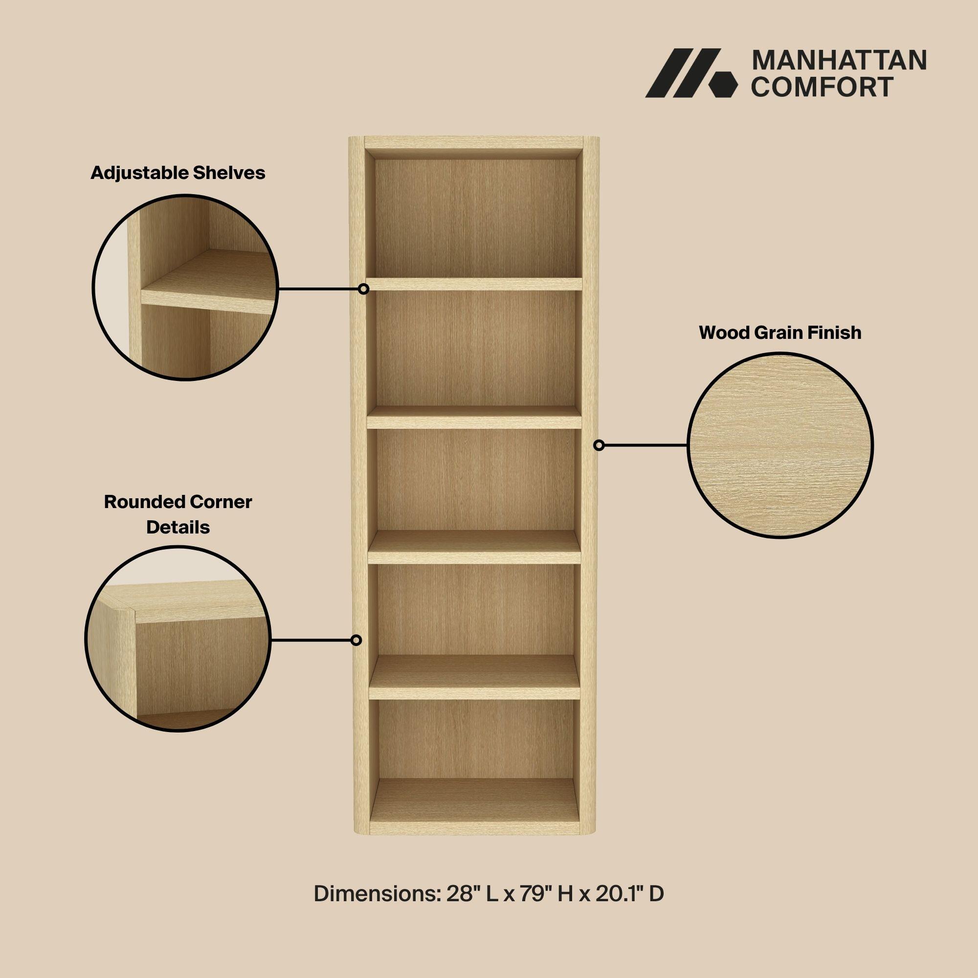 Manhattan Comfort Rivington 79" Open Bookcase, Natural Oak, large