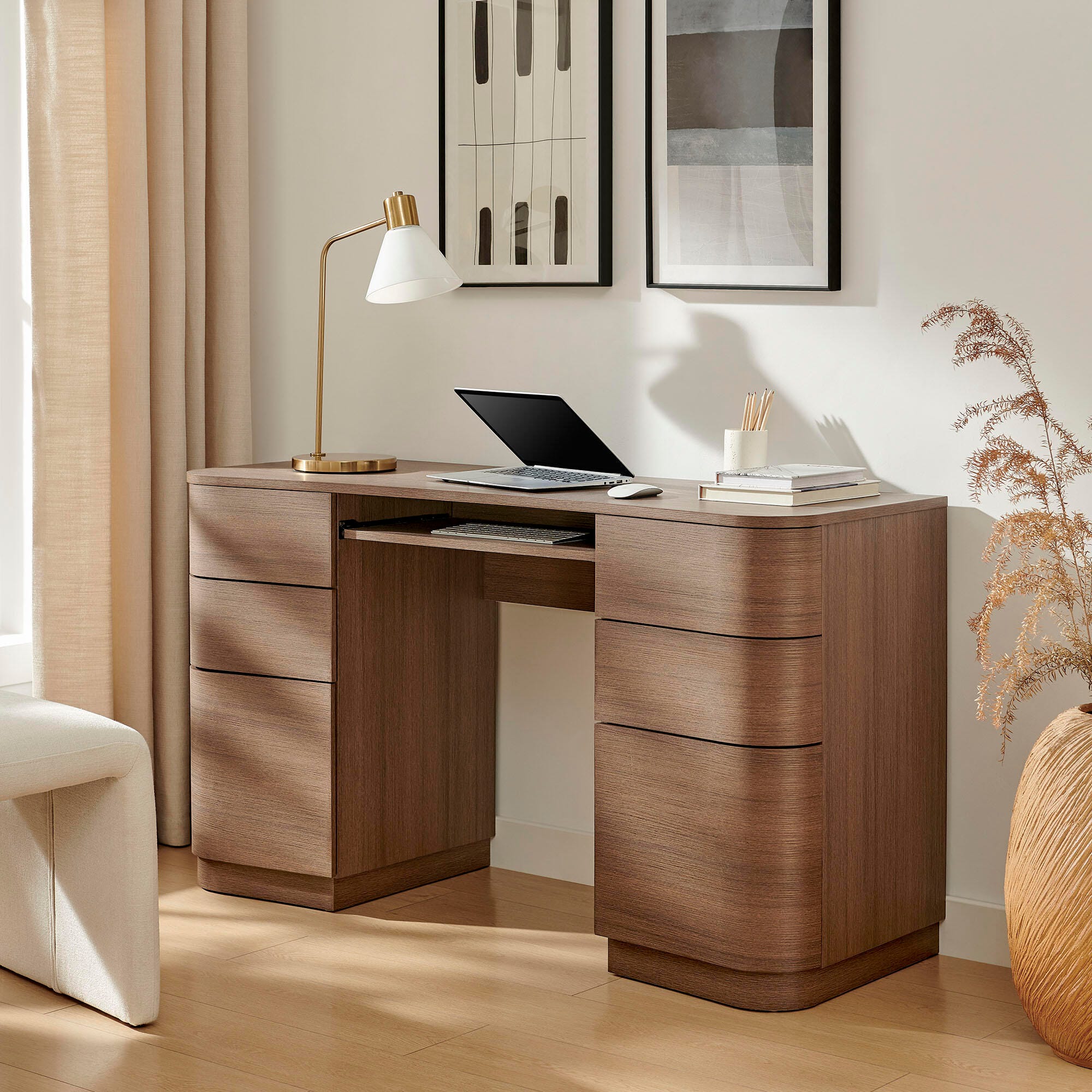 Modway Mirae 55" Home Office Desk, Brushed Brown Oak, large