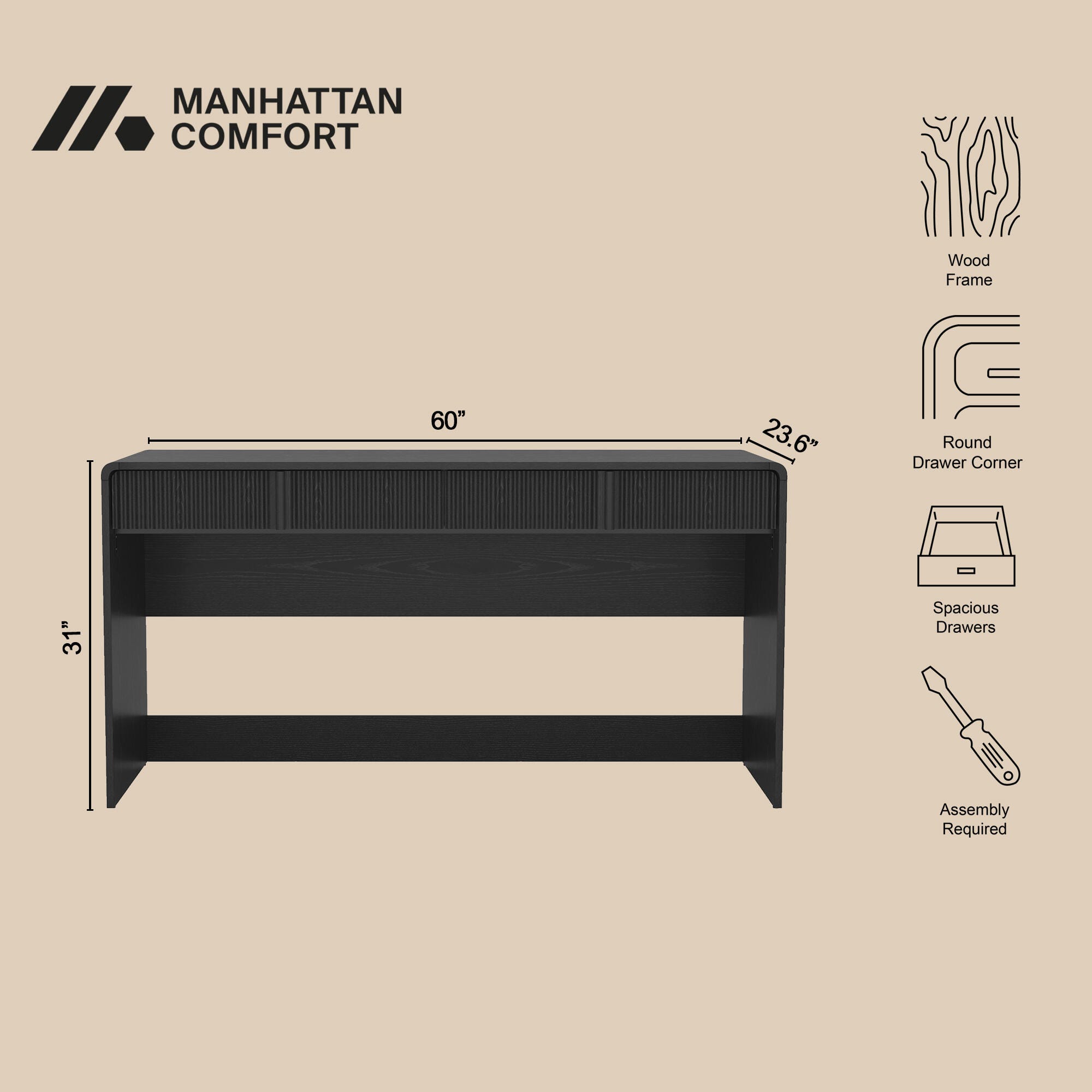 Manhattan Comfort Novara 60" Home Office Desk, Black, large