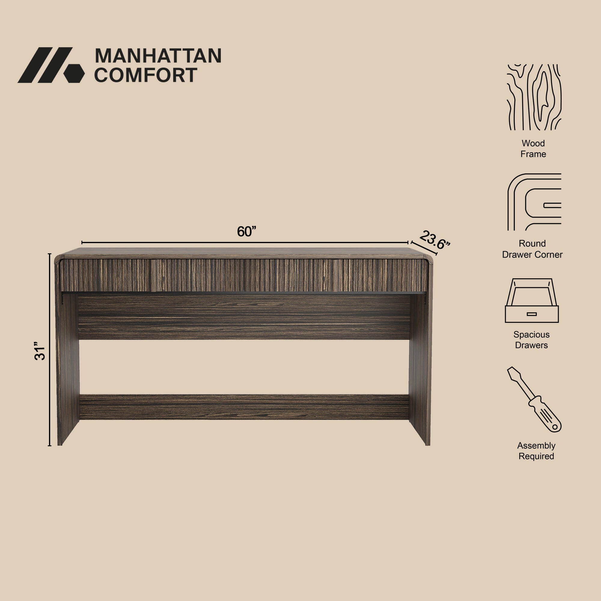 Manhattan Comfort Novara 60" Home Office Desk, Jacobean Walnut, large