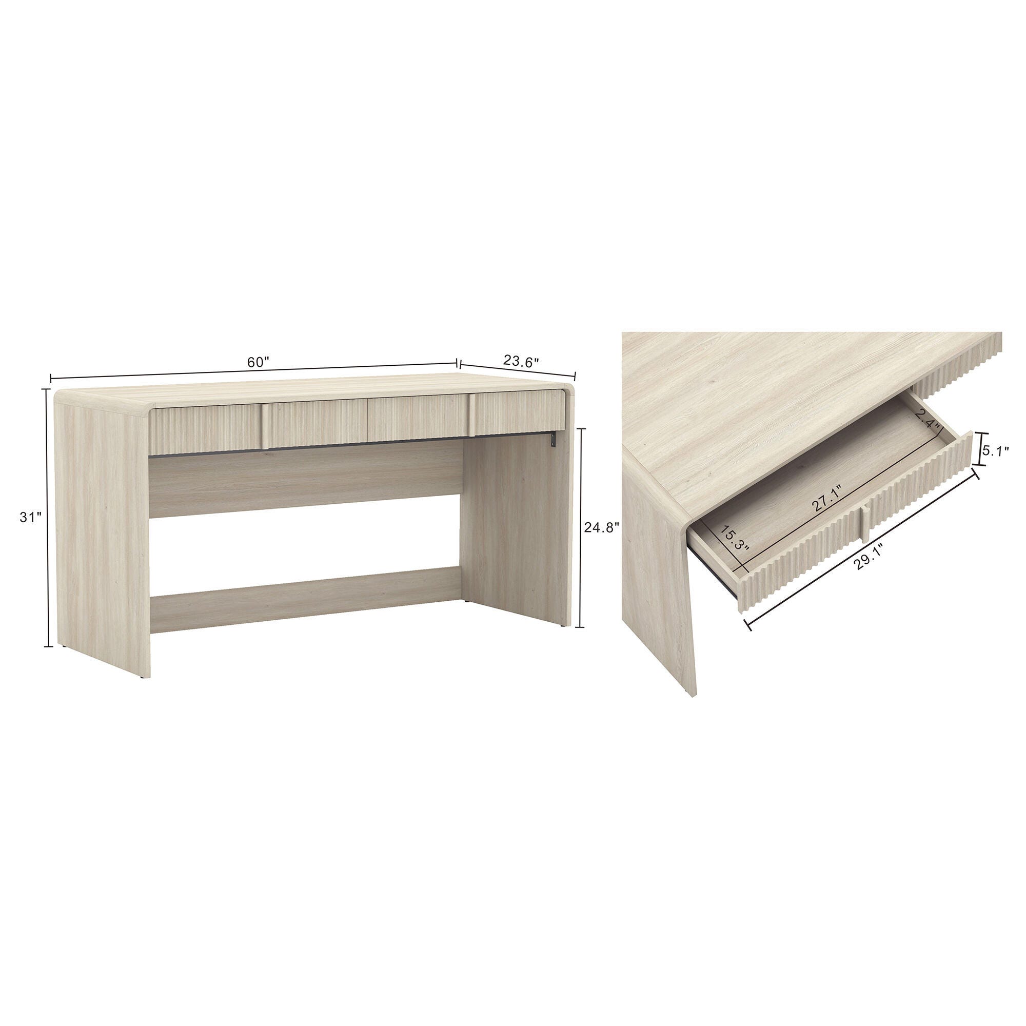 Manhattan Comfort Novara 60" Home Office Desk, Whitewashed Oak, large