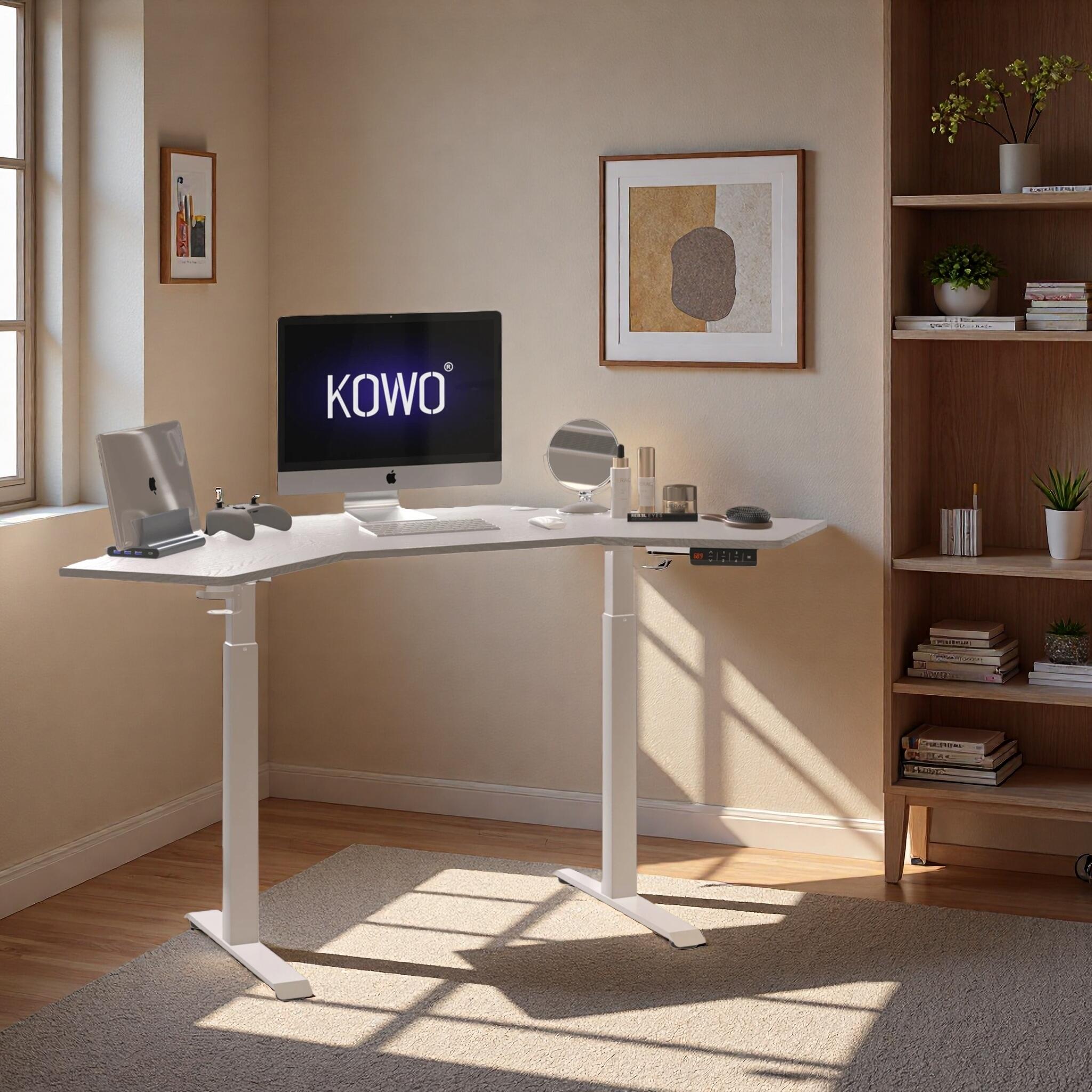 KOWO 67" L-Shaped Adjustable Standing Desk, White, large