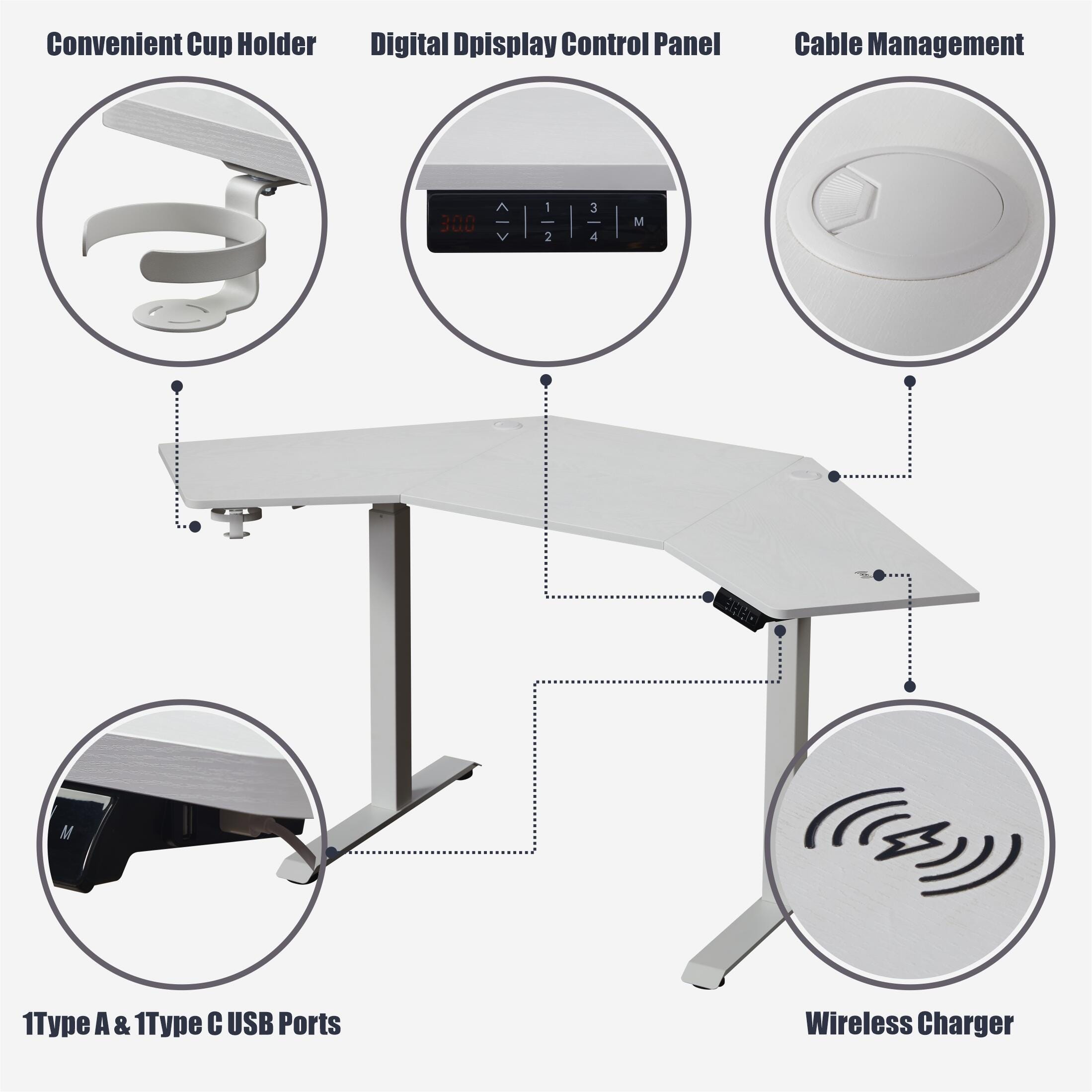 KOWO 67" L-Shaped Adjustable Standing Desk, White, large