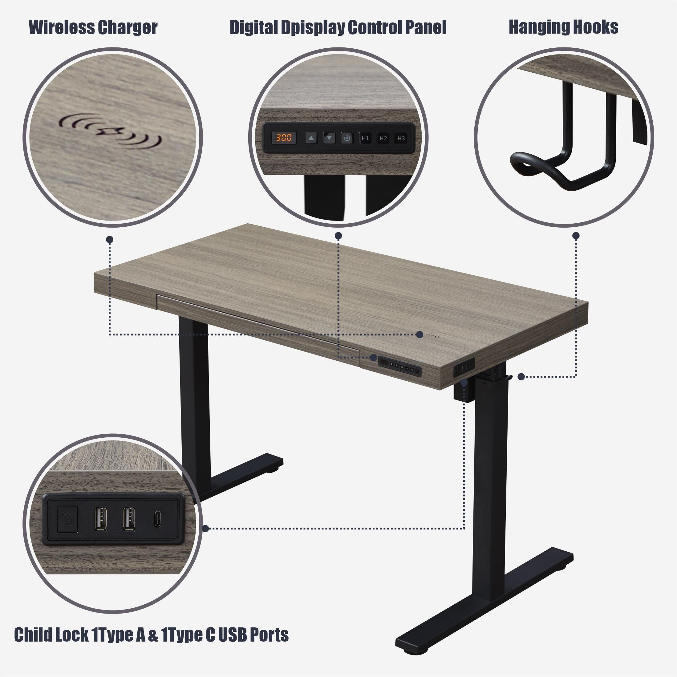 KOWO 48" Multi-Functional Adjustable Standing Desk, Gray Oak/Black, large