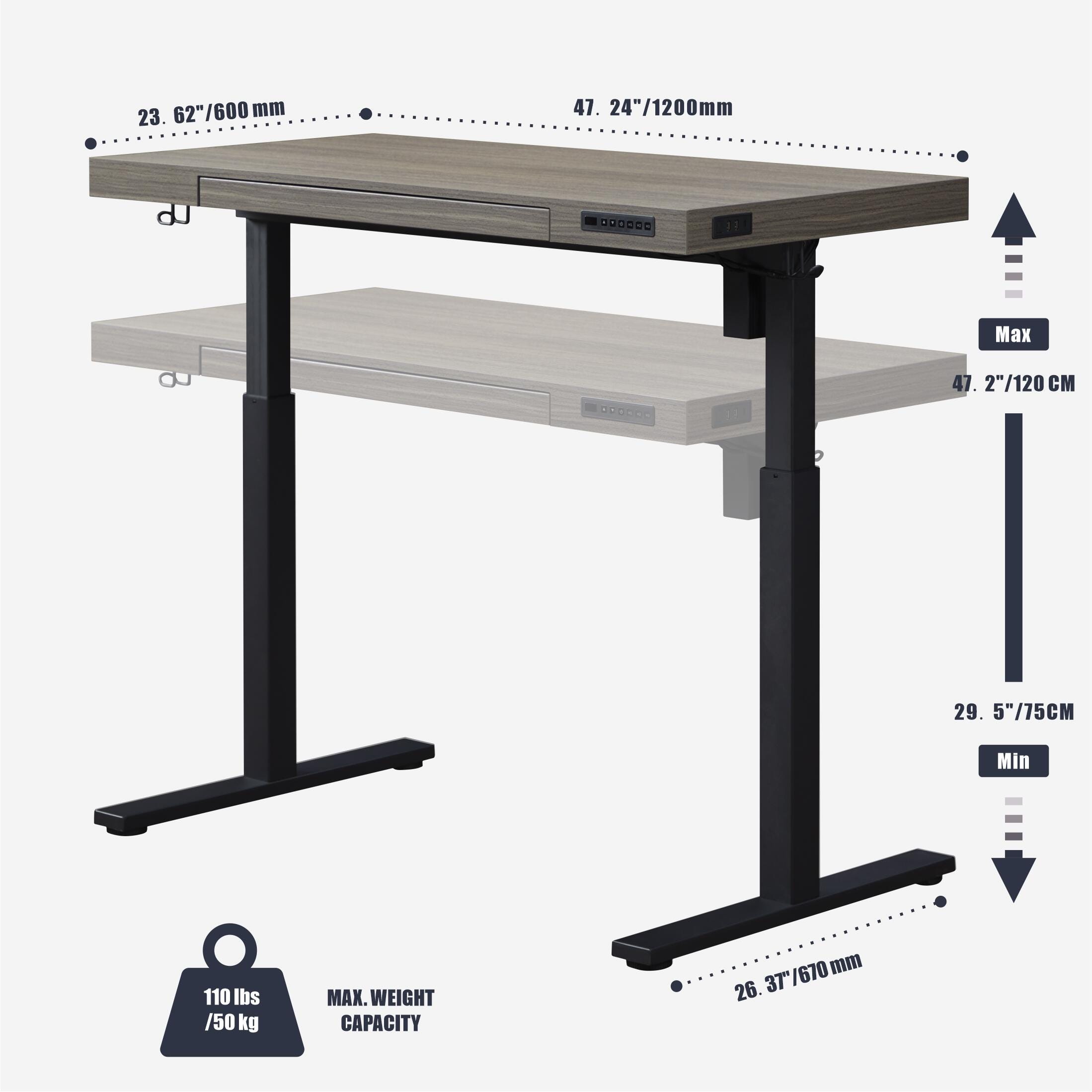 KOWO 48" Multi-Functional Adjustable Standing Desk, Gray Oak/Black, large