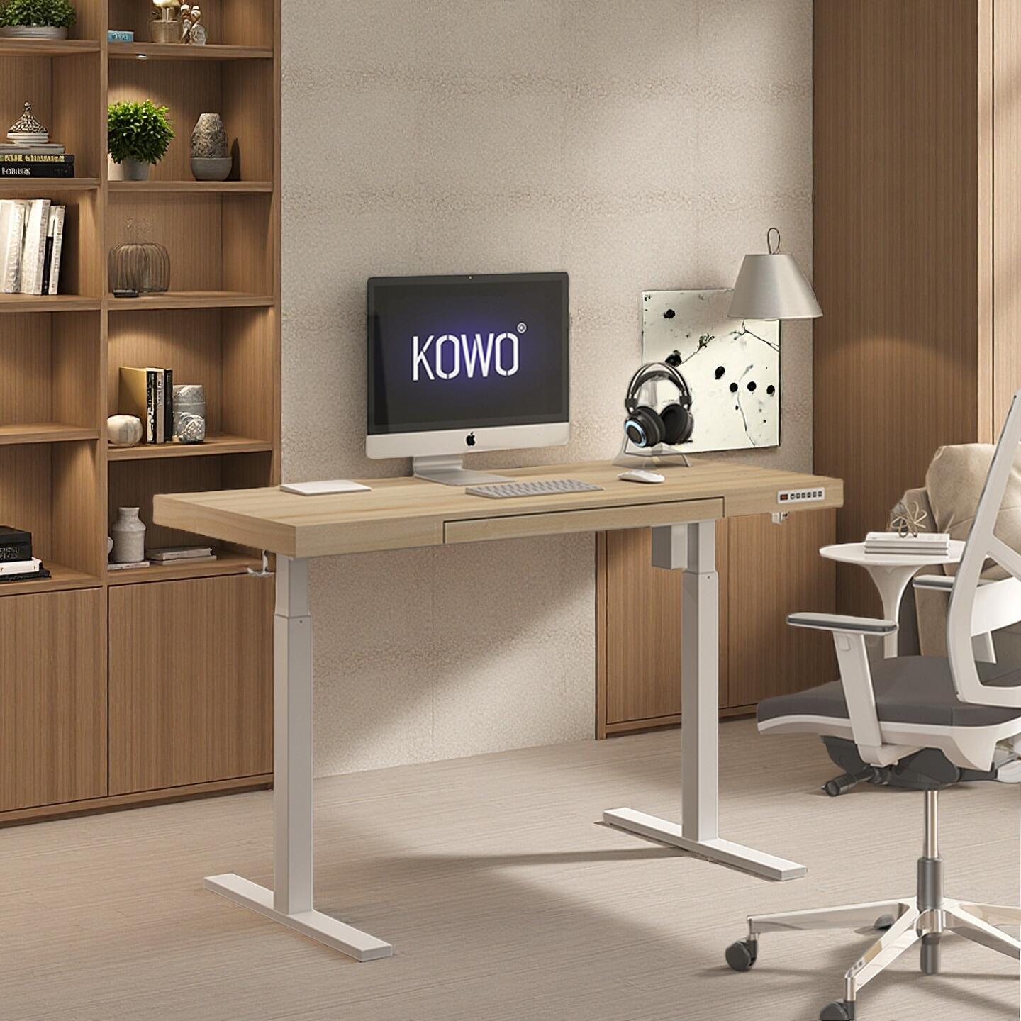 KOWO 55" Convertible Adjustable Standing Desk, Natural Oak/White, large