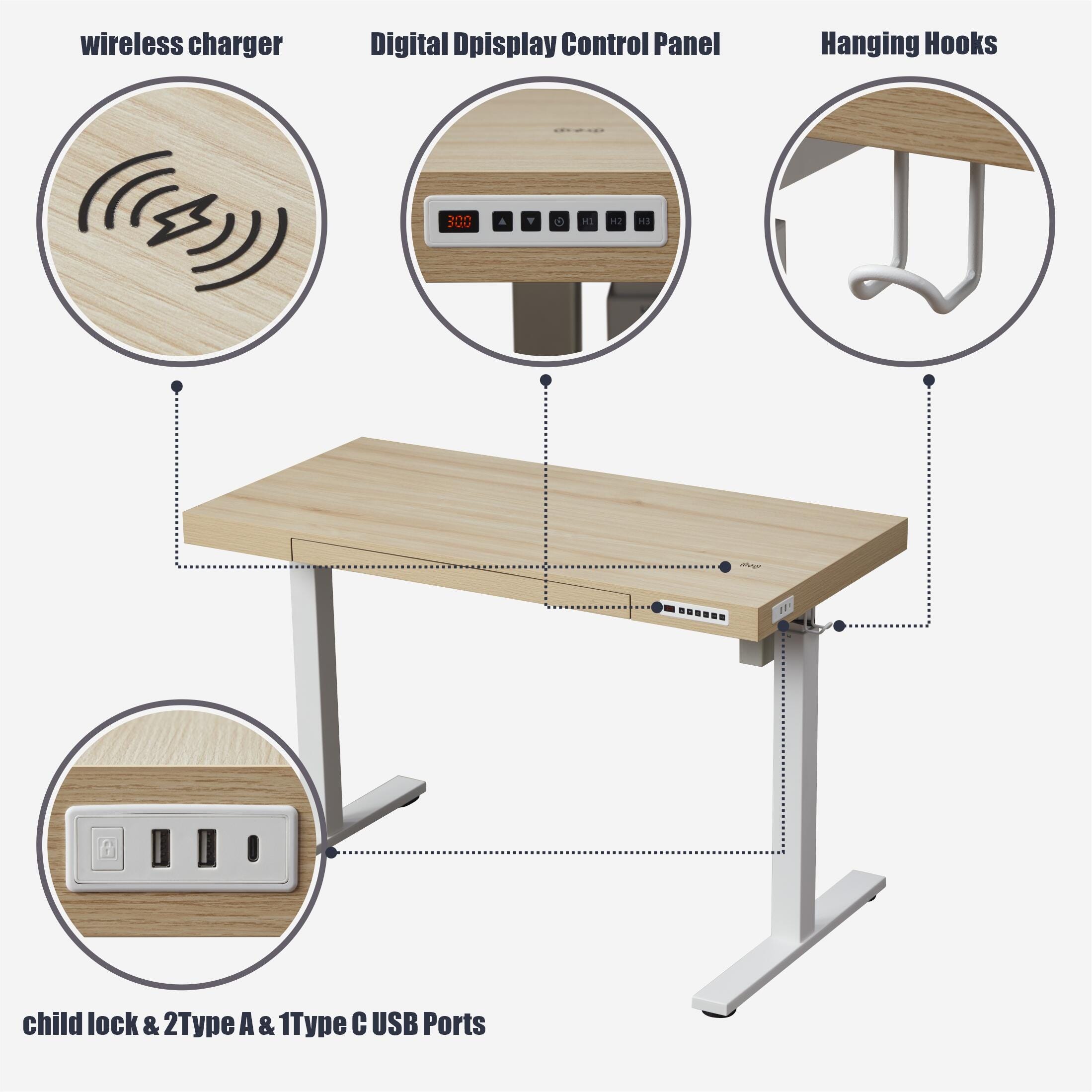 KOWO 48" Ergonomic Adjustable Standing Desk, Natural Oak/White, large