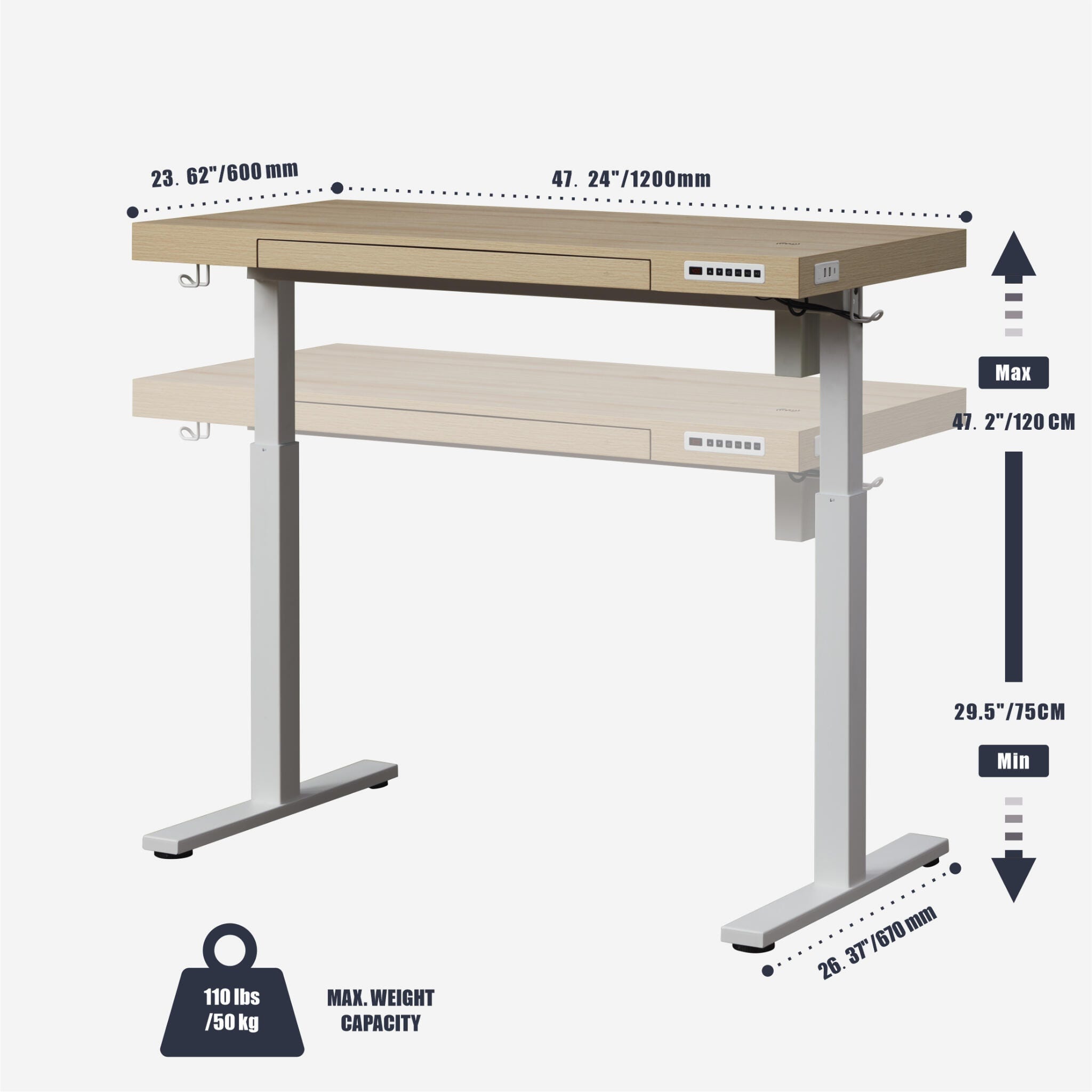 KOWO 48" Ergonomic Adjustable Standing Desk, Natural Oak/White, large