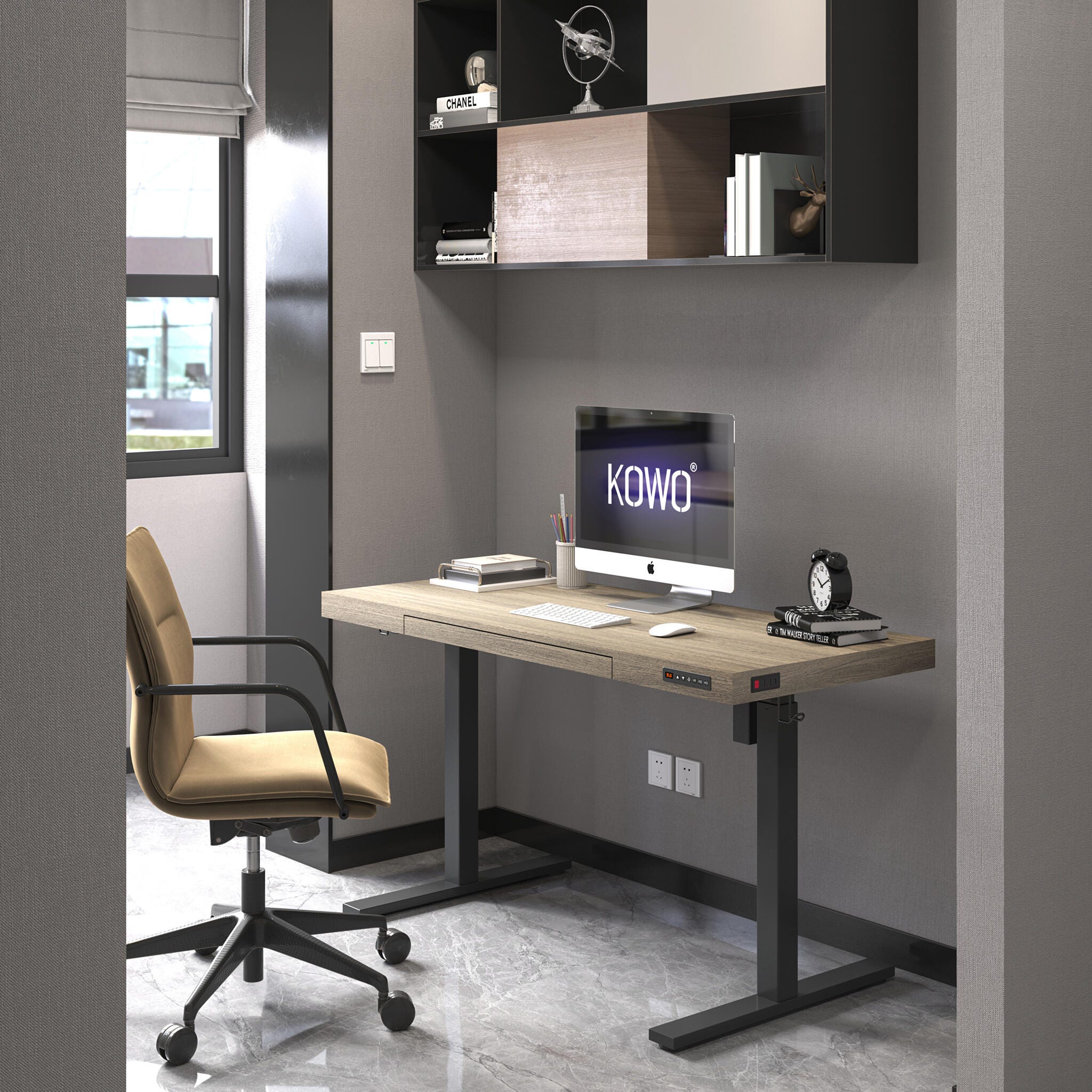 KOWO 55" Electric Adjustable Standing Desk, Gray Oak/Black, large