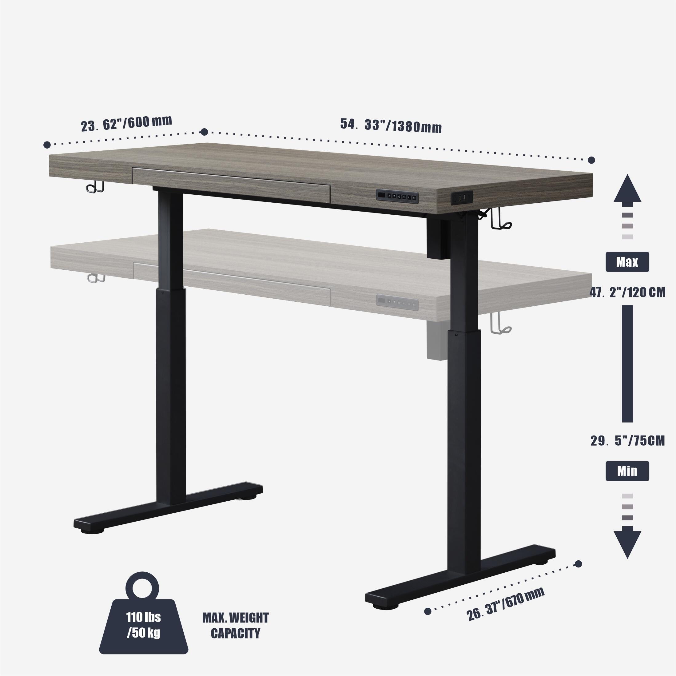 KOWO 55" Electric Adjustable Standing Desk, Gray Oak/Black, large