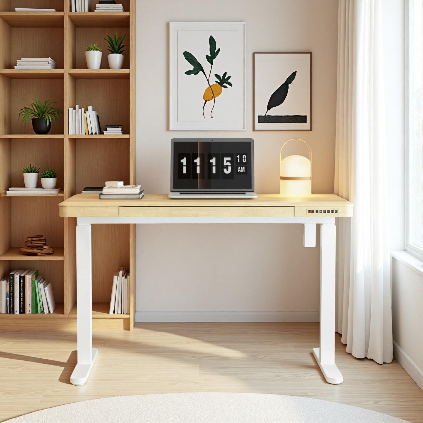 KOWO 48" Electric Adjustable Standing Desk, Natural Oak/White, rollover