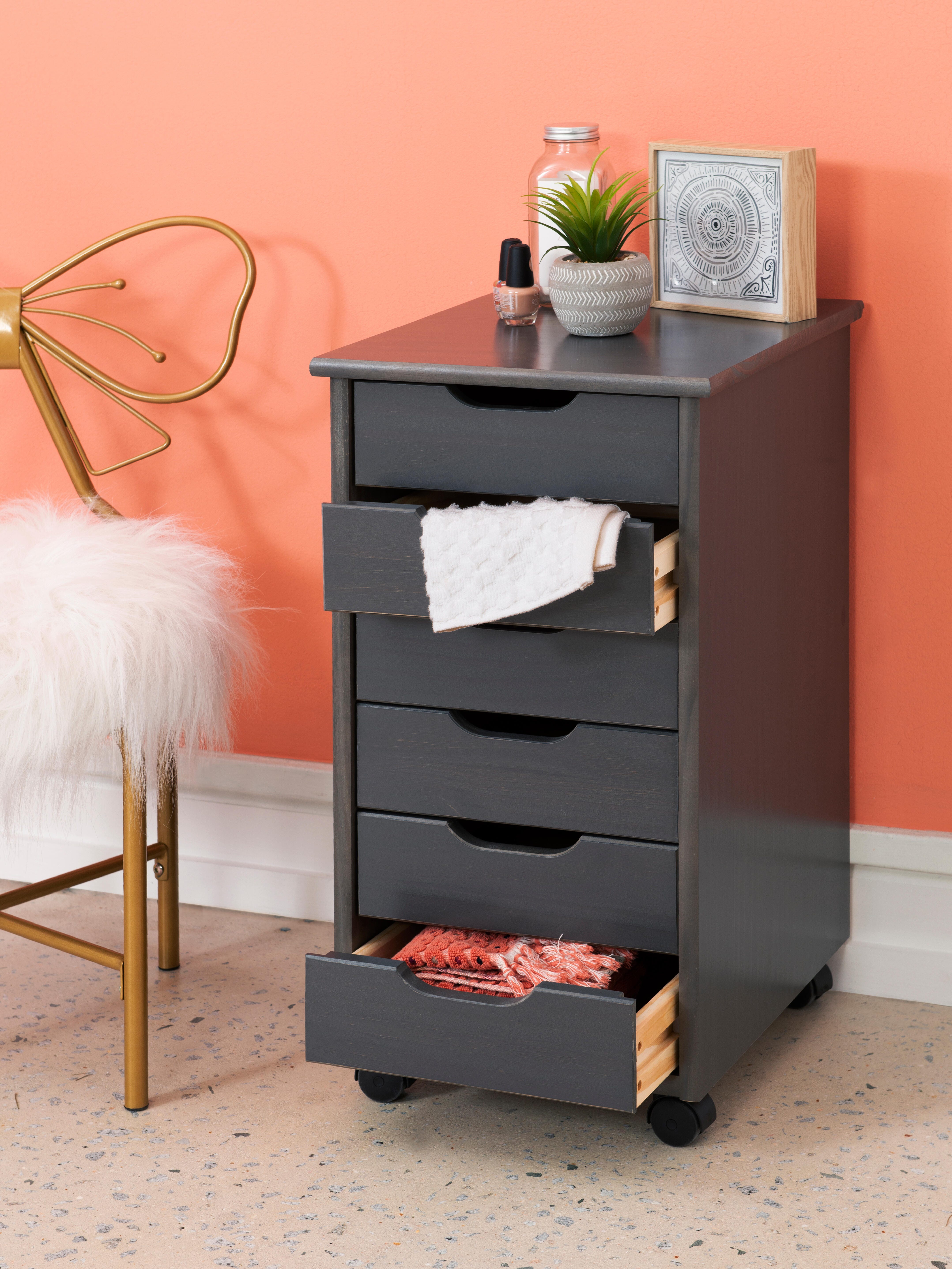 Linon Rudy Solid 6 Drawer Rolling Storage Cabinet, Gray, rollover