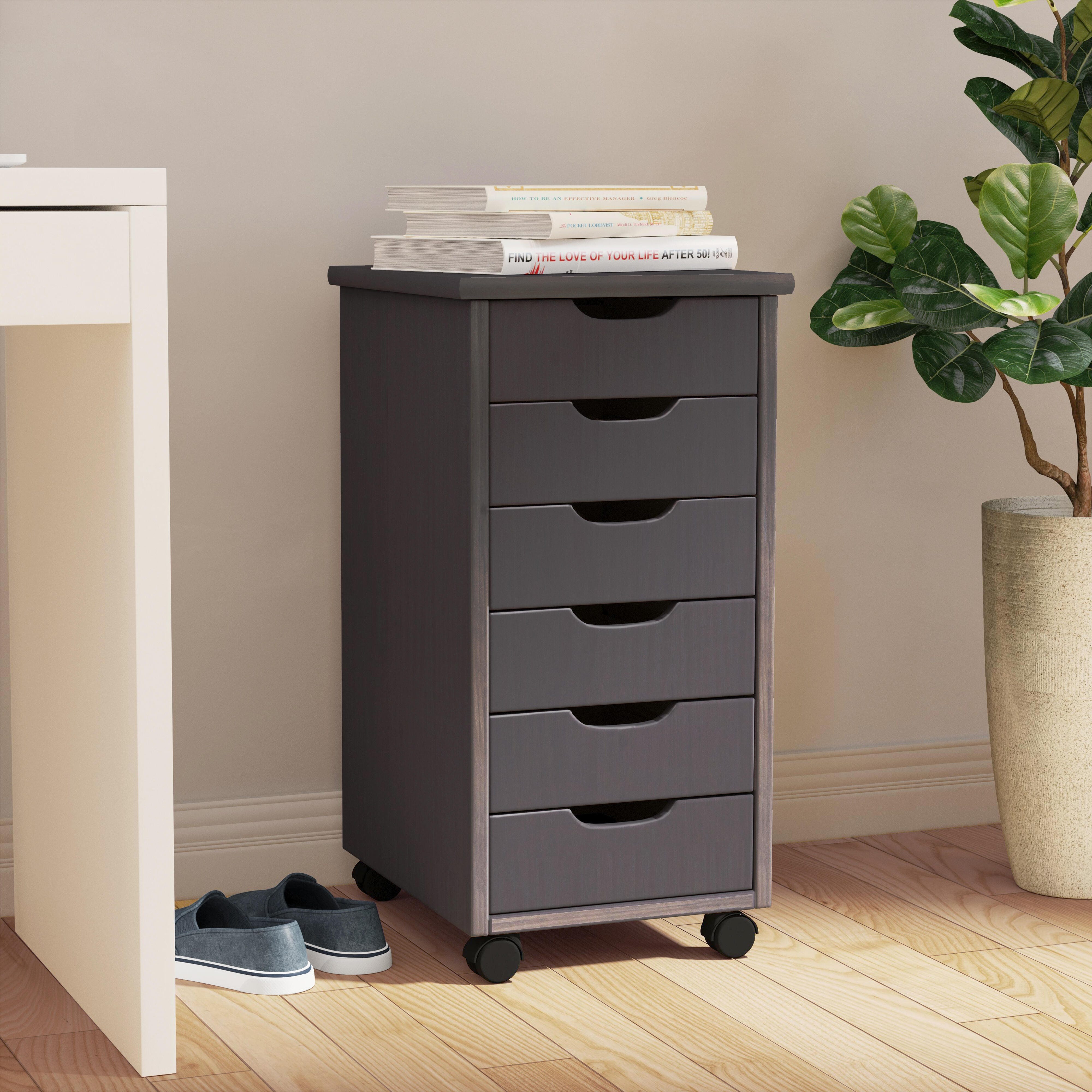 Linon Rudy Solid 6 Drawer Rolling Storage Cabinet, Gray, large