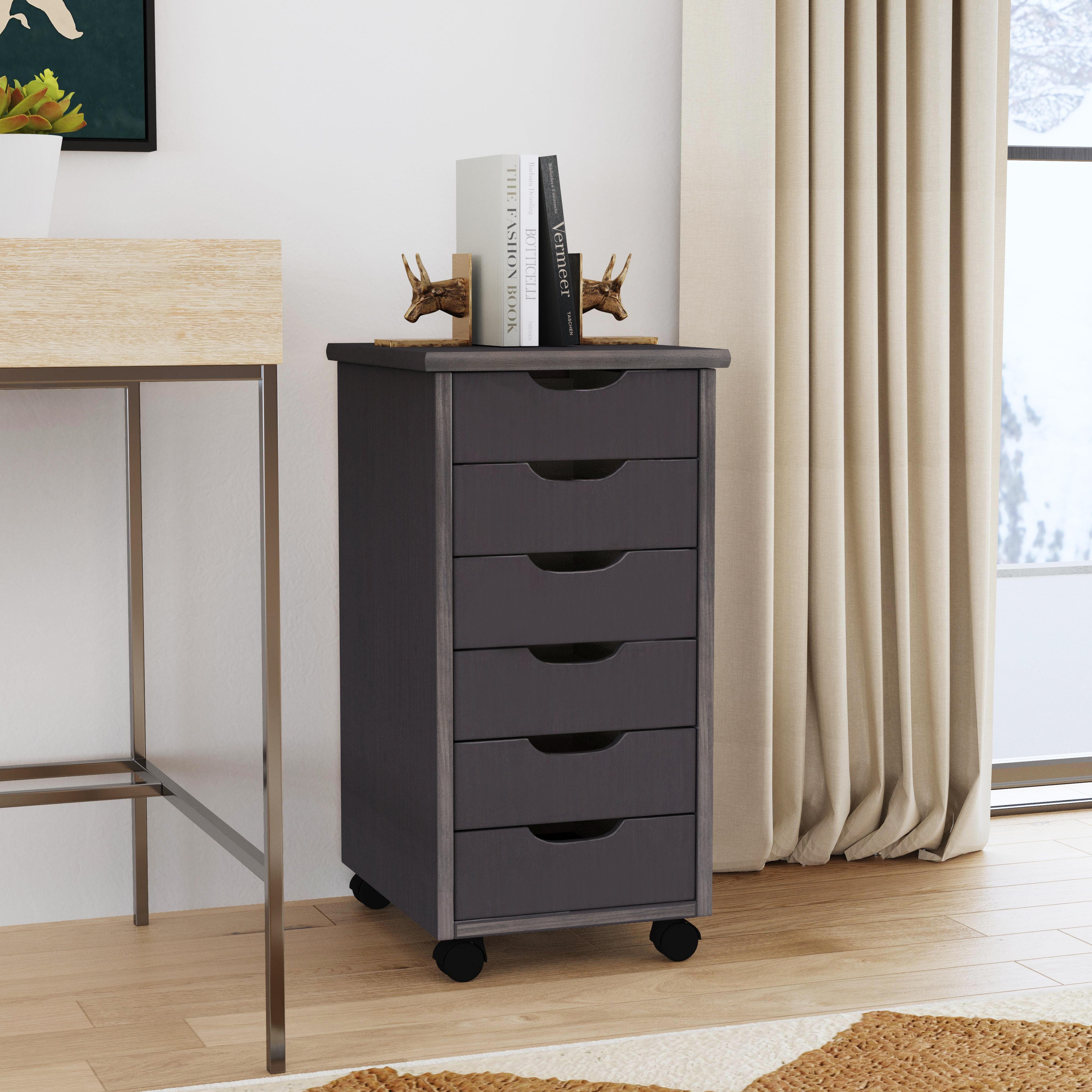 Linon Rudy Solid 6 Drawer Rolling Storage Cabinet, Gray, large