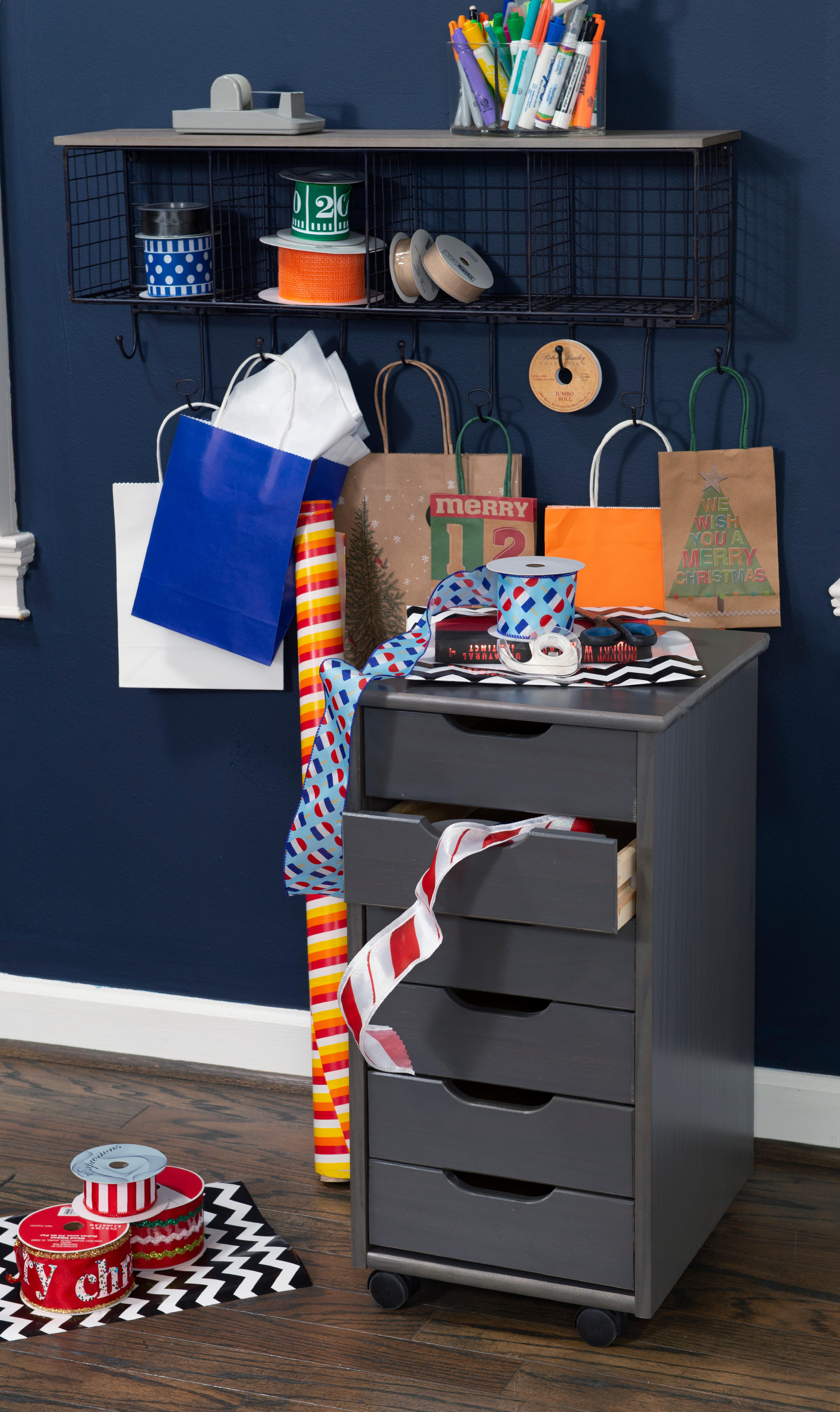 Linon Rudy Solid 6 Drawer Rolling Storage Cabinet, Gray, large