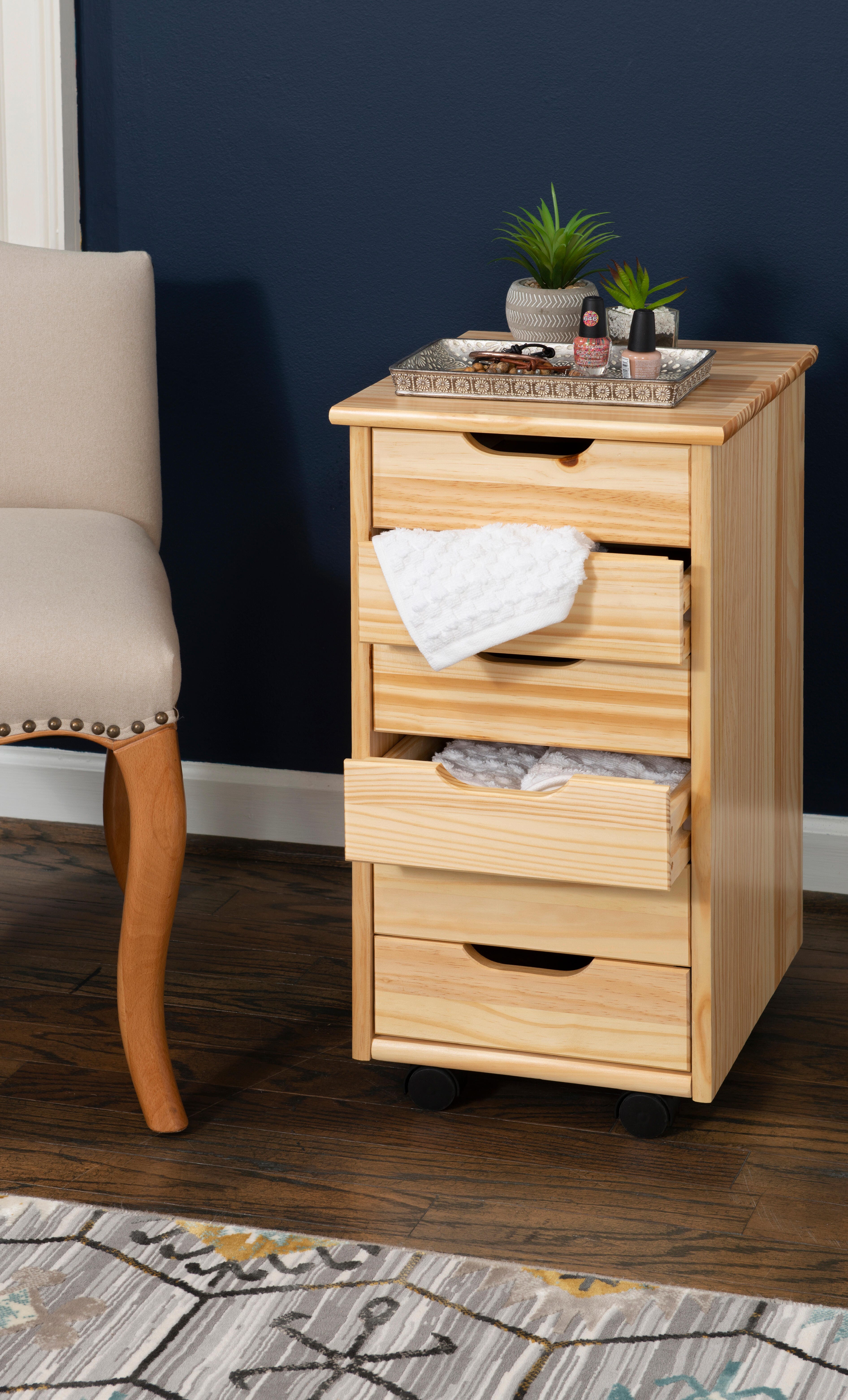 Linon Rudy Solid 6 Drawer Rolling Storage Cabinet, Natural, rollover