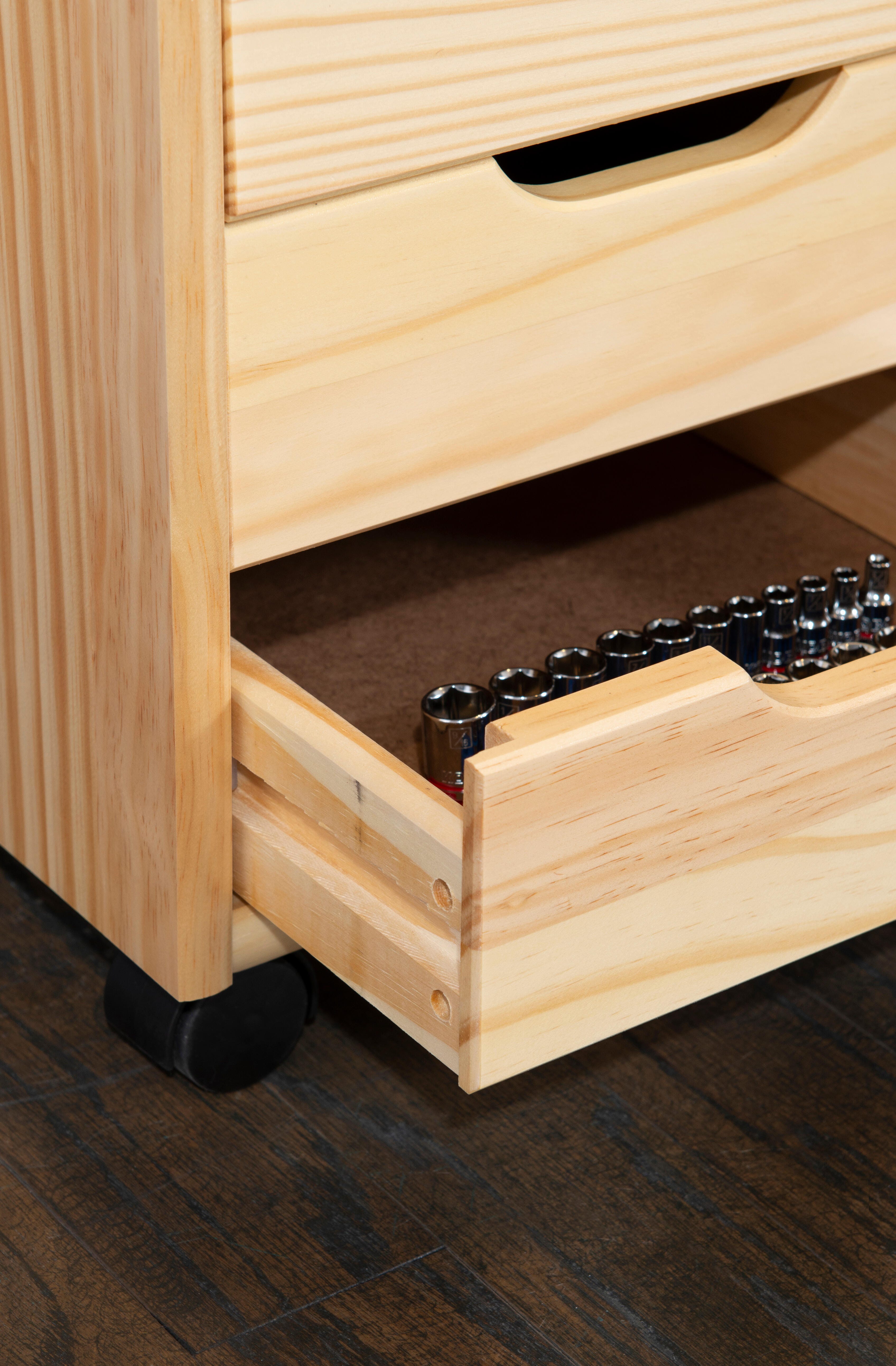 Linon Rudy Solid 6 Drawer Rolling Storage Cabinet, Natural, large