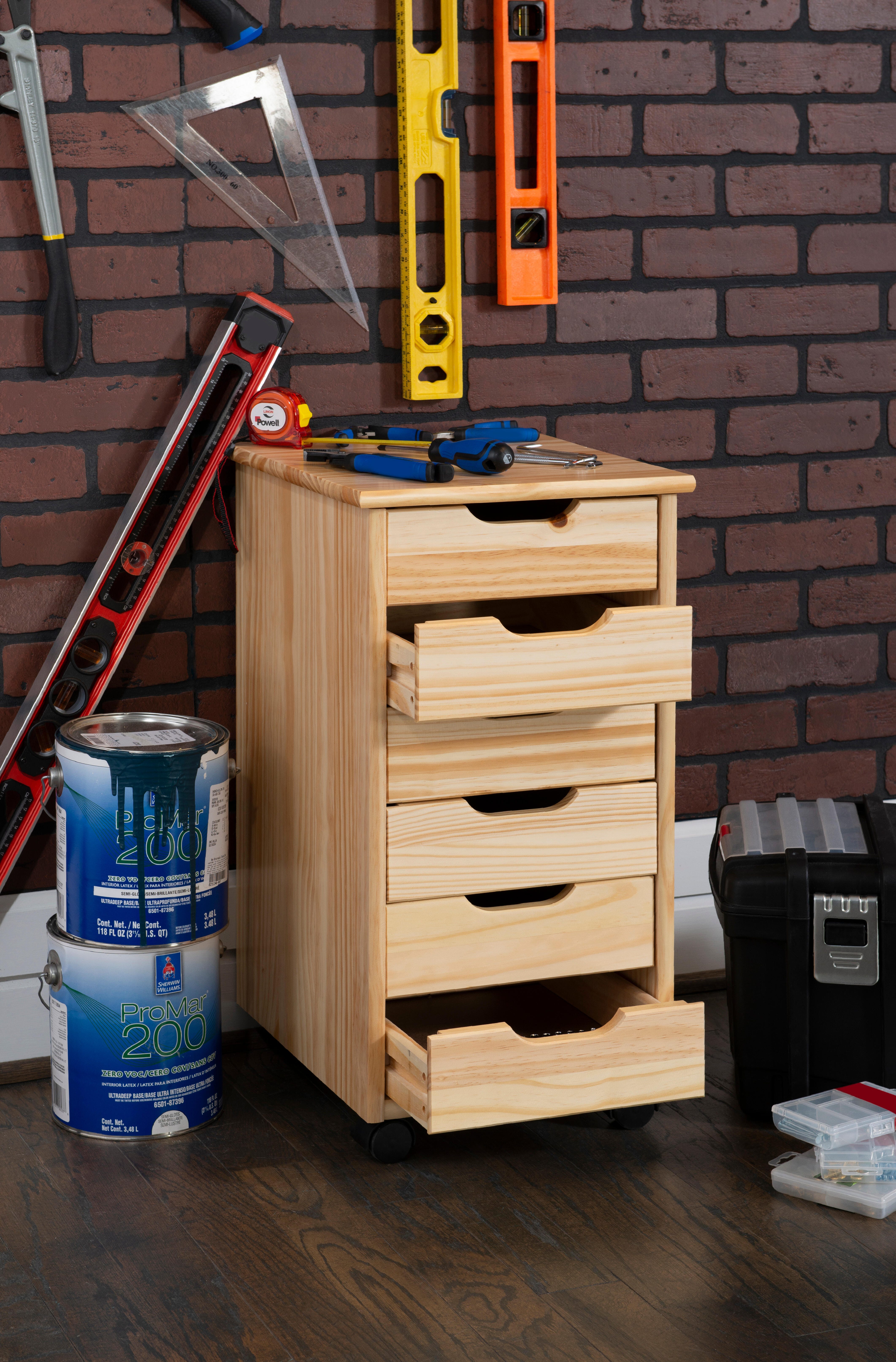 Linon Rudy Solid 6 Drawer Rolling Storage Cabinet, Natural, large
