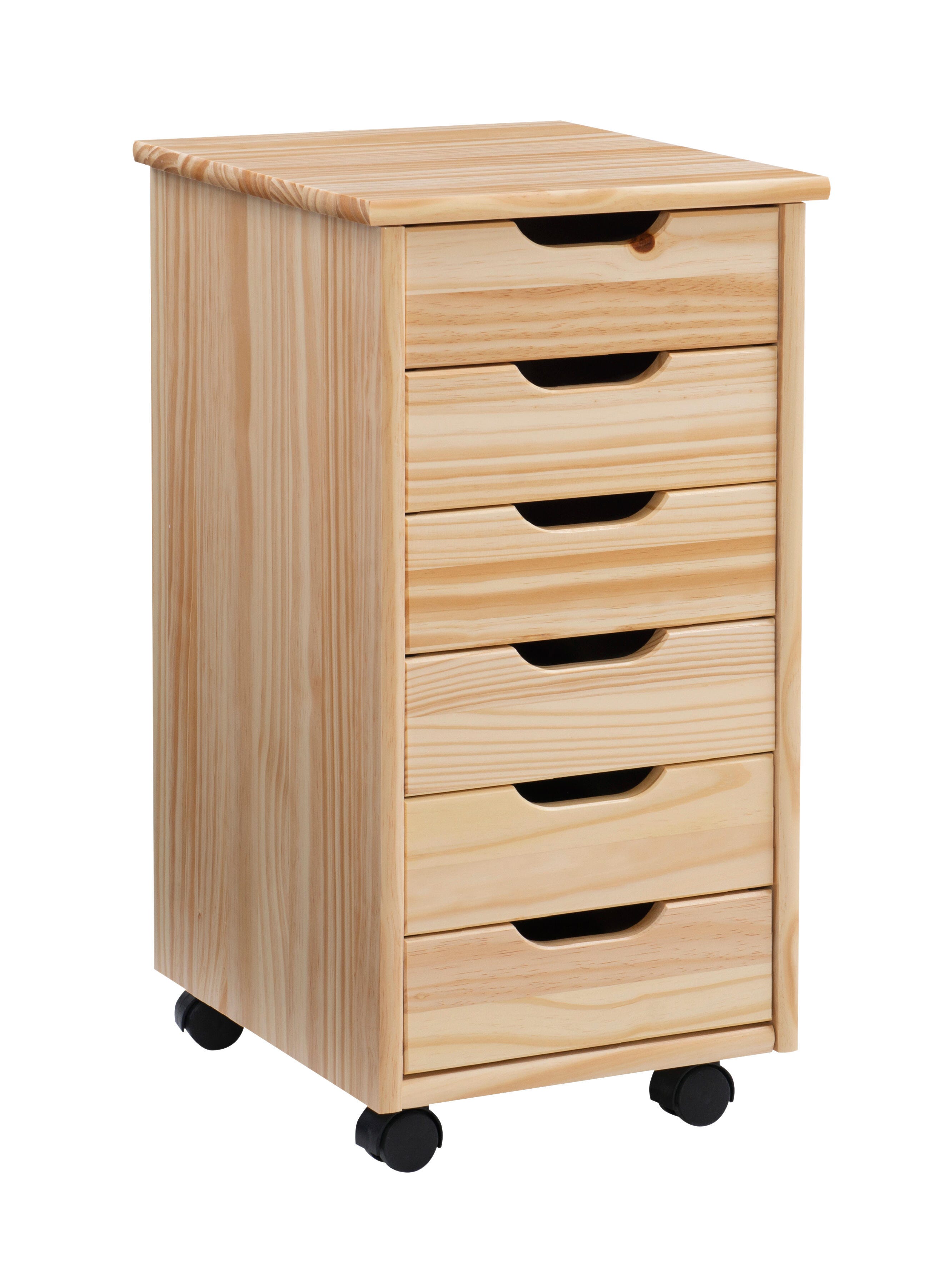 Linon Rudy Solid 6 Drawer Rolling Storage Cabinet, Natural, large