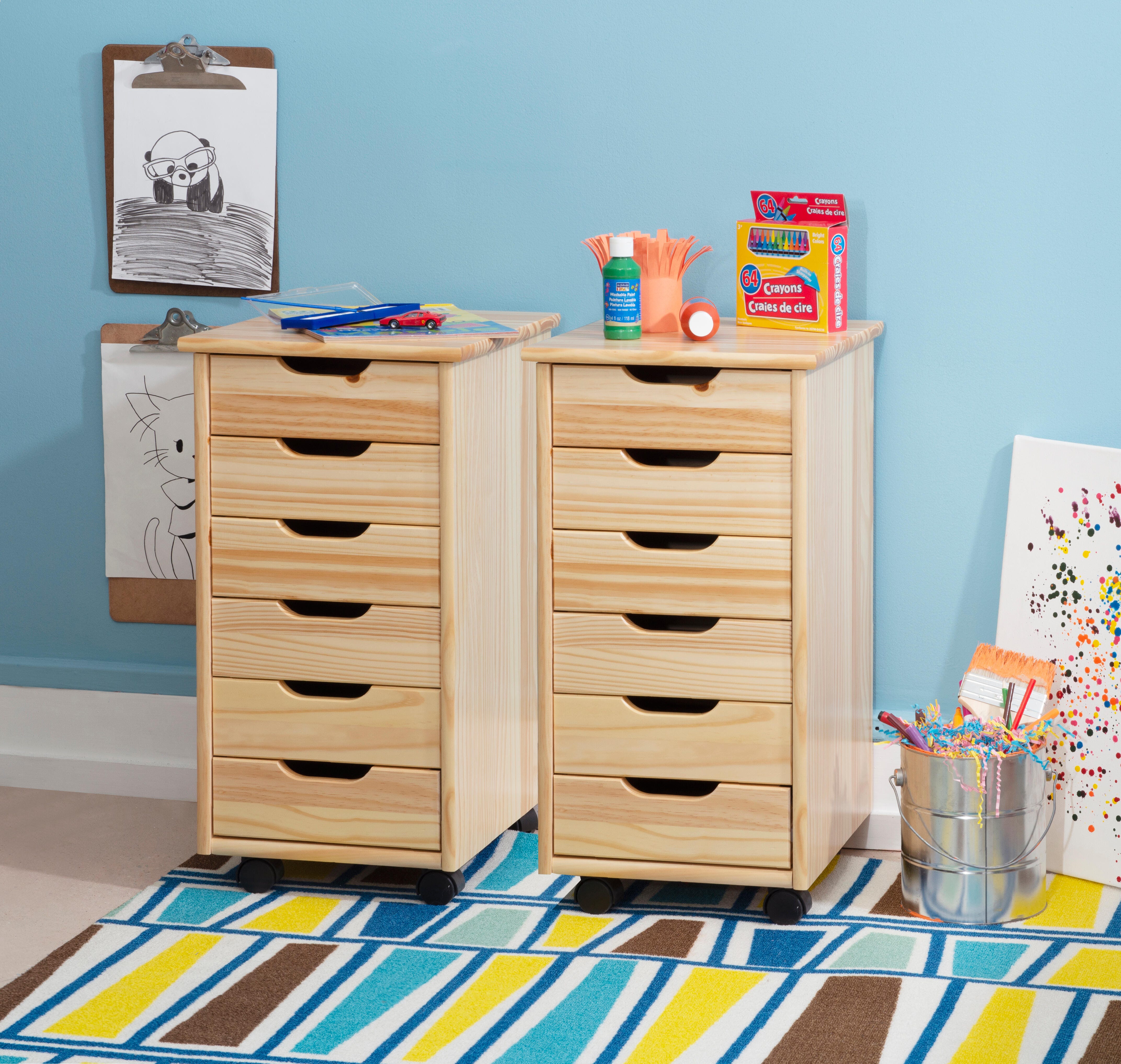 Linon Rudy Solid 6 Drawer Rolling Storage Cabinet, Natural, large