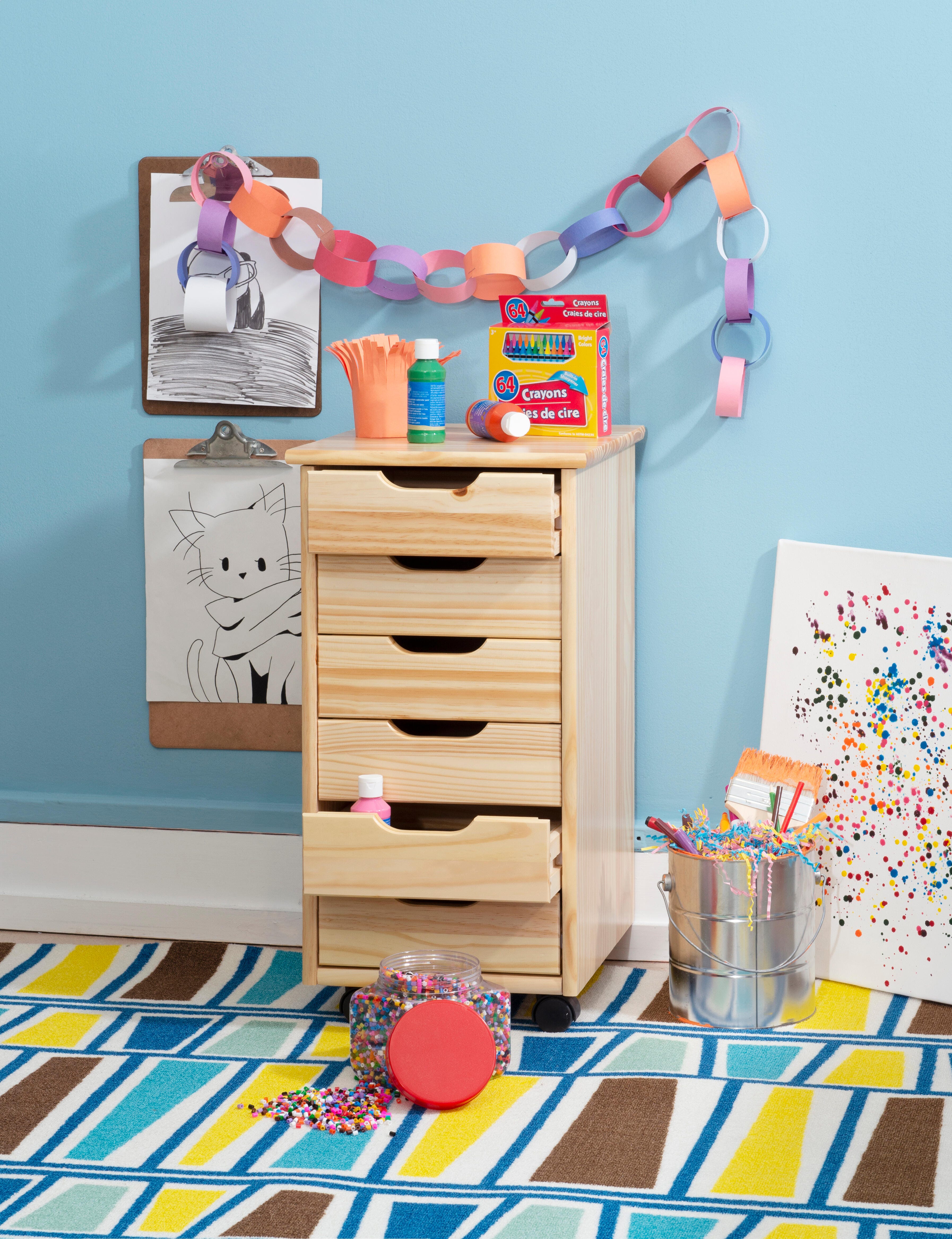 Linon Rudy Solid 6 Drawer Rolling Storage Cabinet, Natural, large