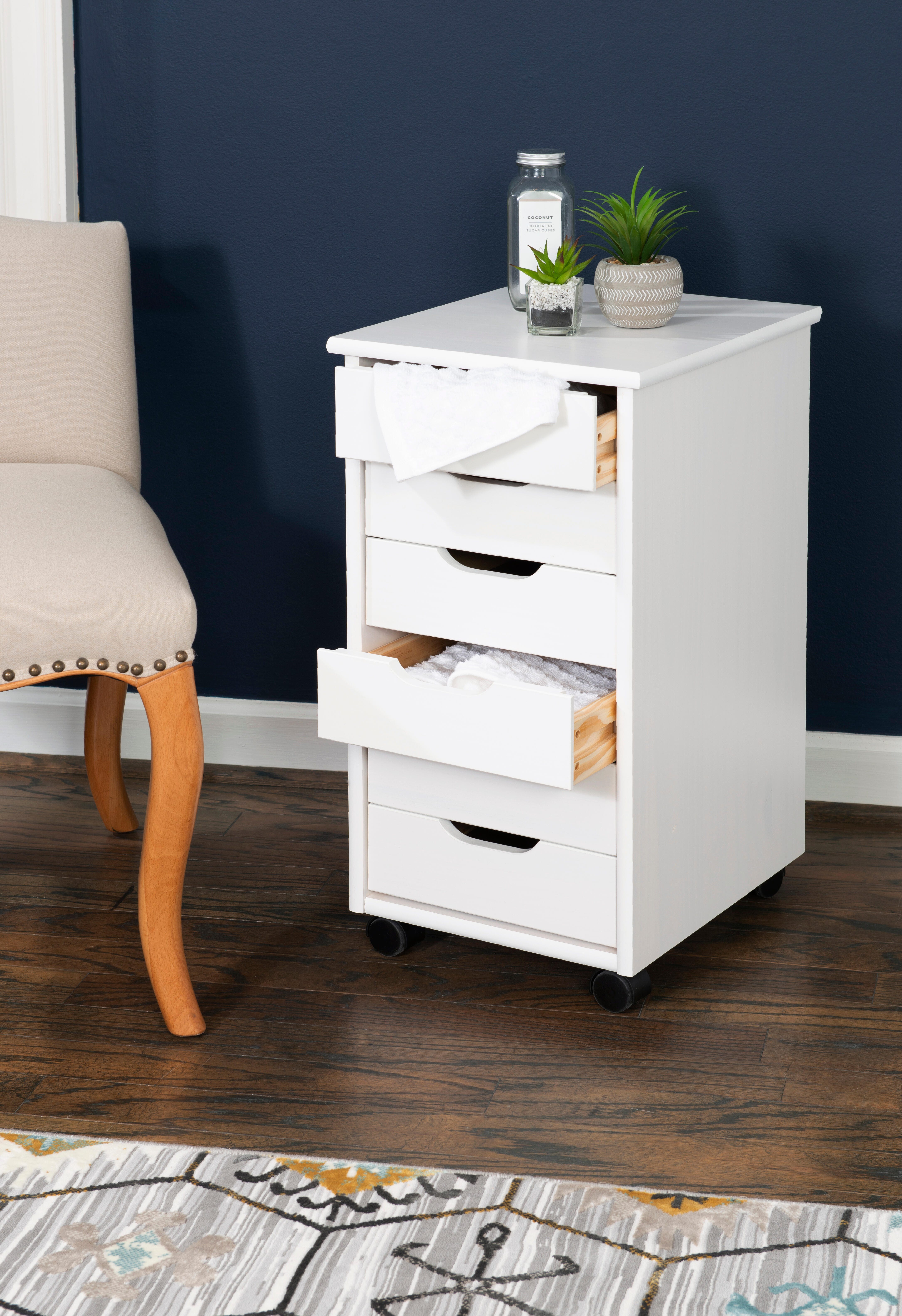 Linon Rudy Solid 6 Drawer Rolling Storage Cabinet, White, rollover