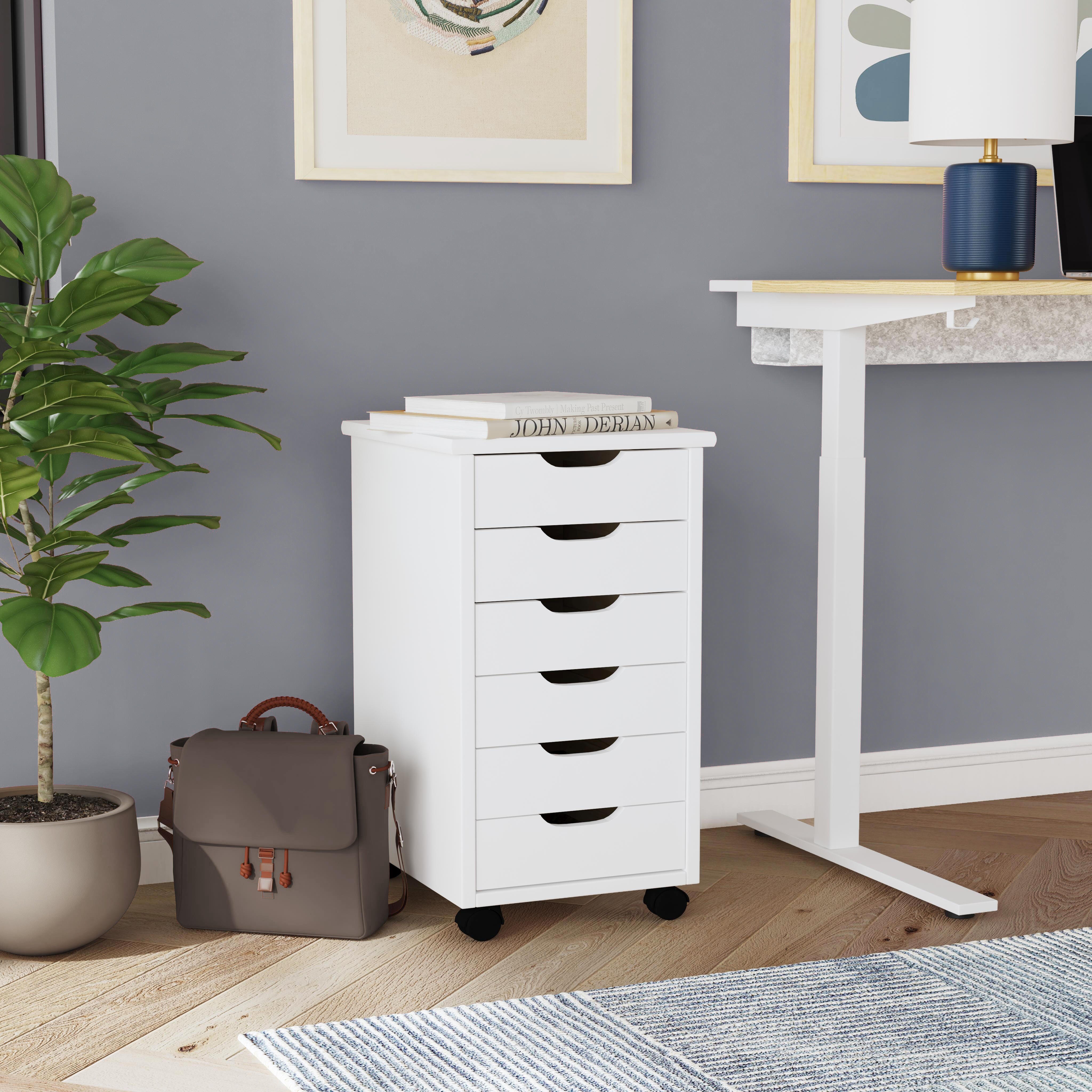 Linon Rudy Solid 6 Drawer Rolling Storage Cabinet, White, large