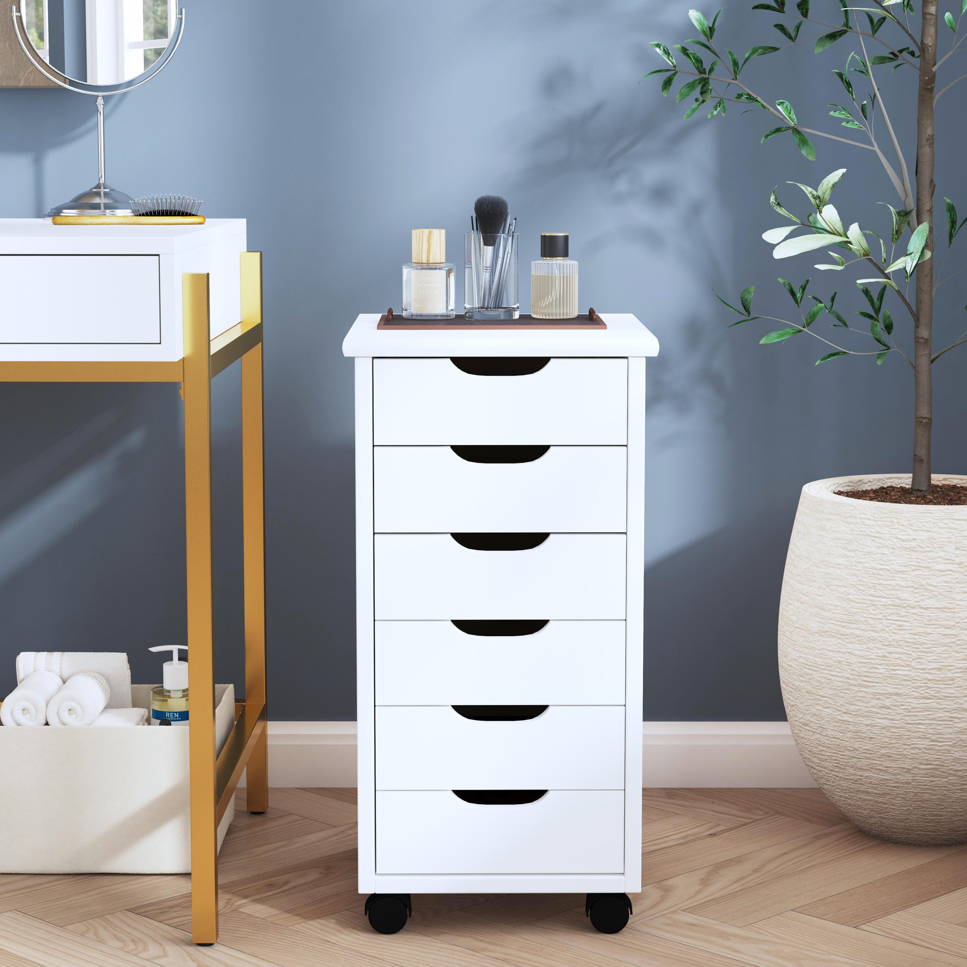 Linon Rudy Solid 6 Drawer Rolling Storage Cabinet, White, large