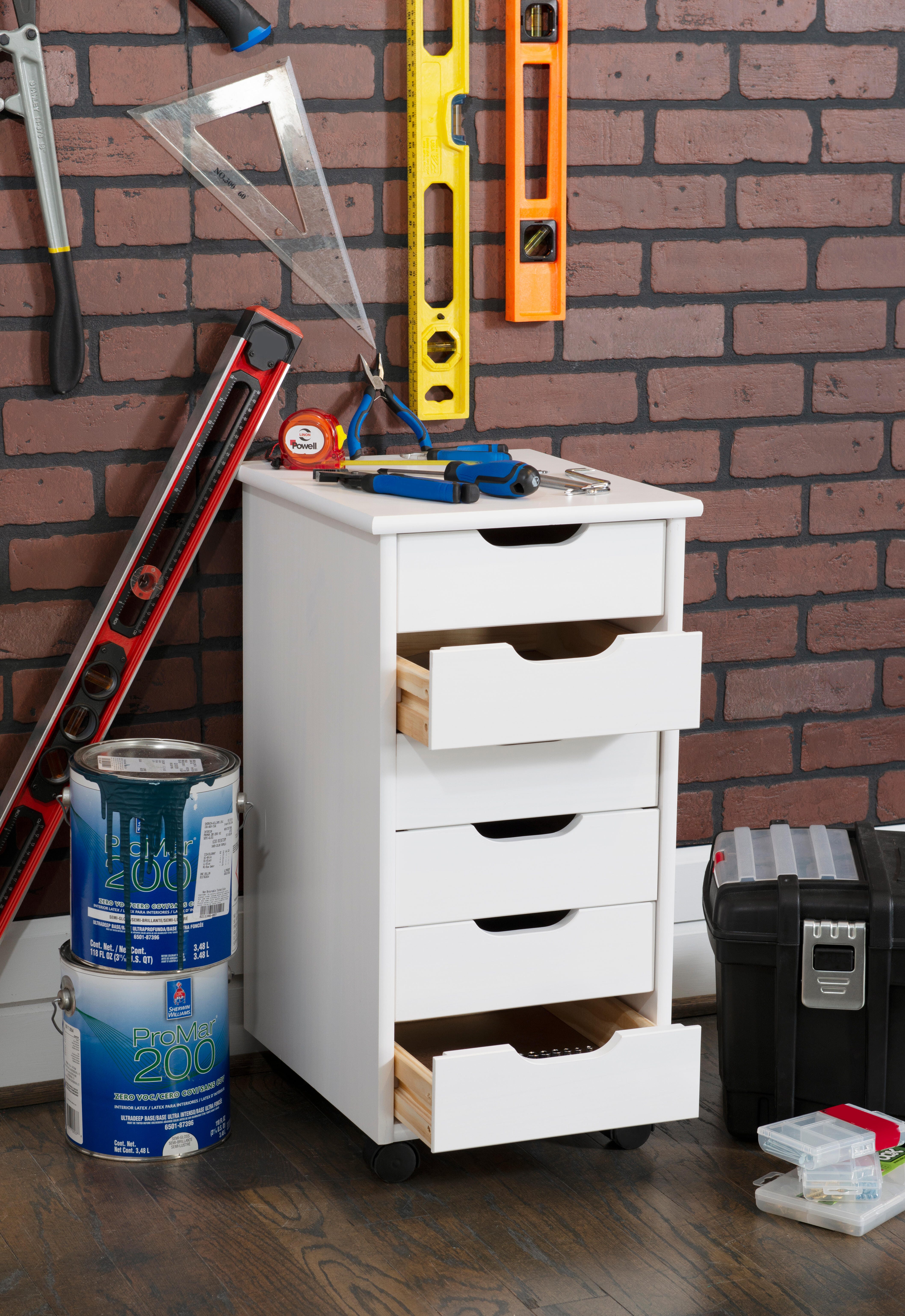 Linon Rudy Solid 6 Drawer Rolling Storage Cabinet, White, large