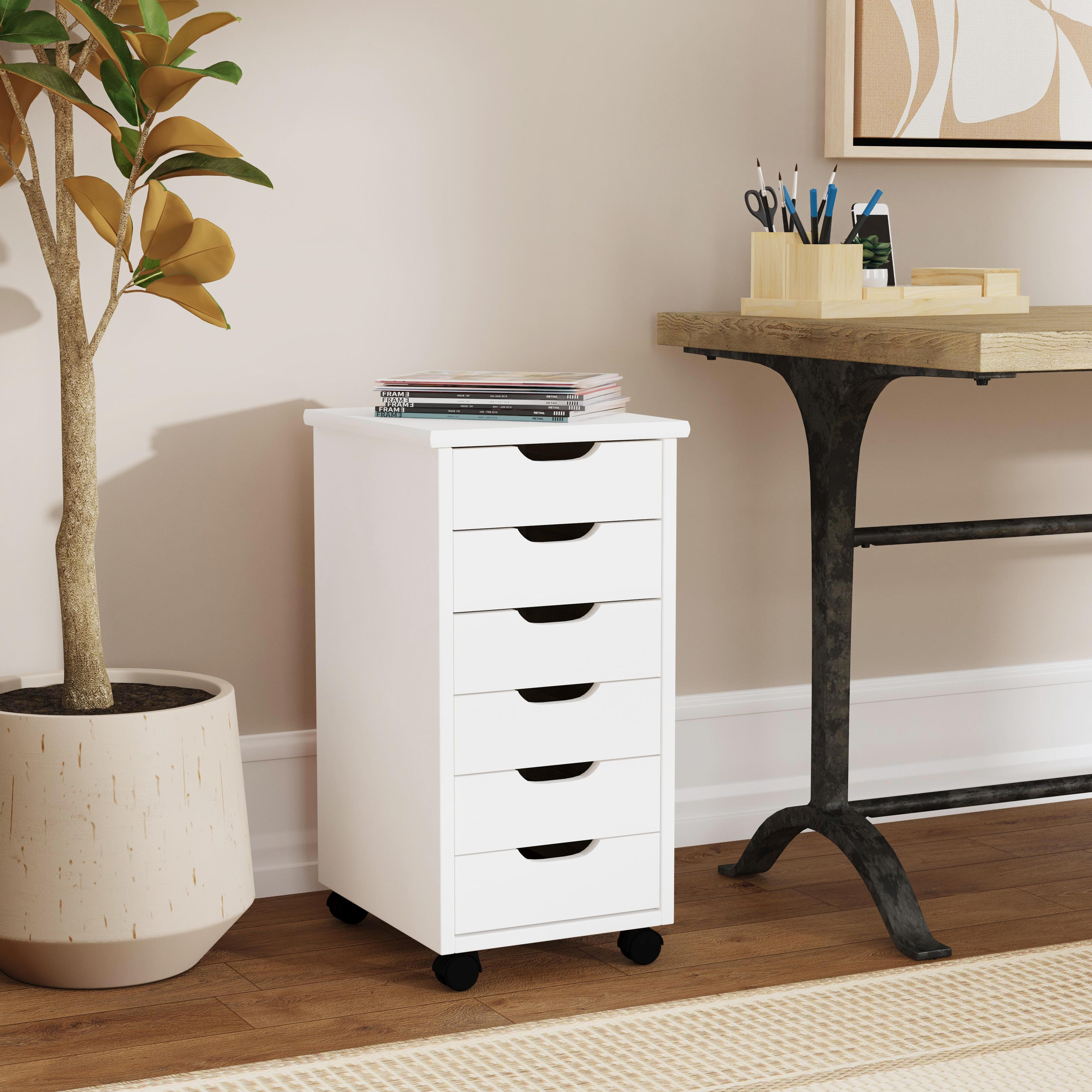 Linon Rudy Solid 6 Drawer Rolling Storage Cabinet, White, large