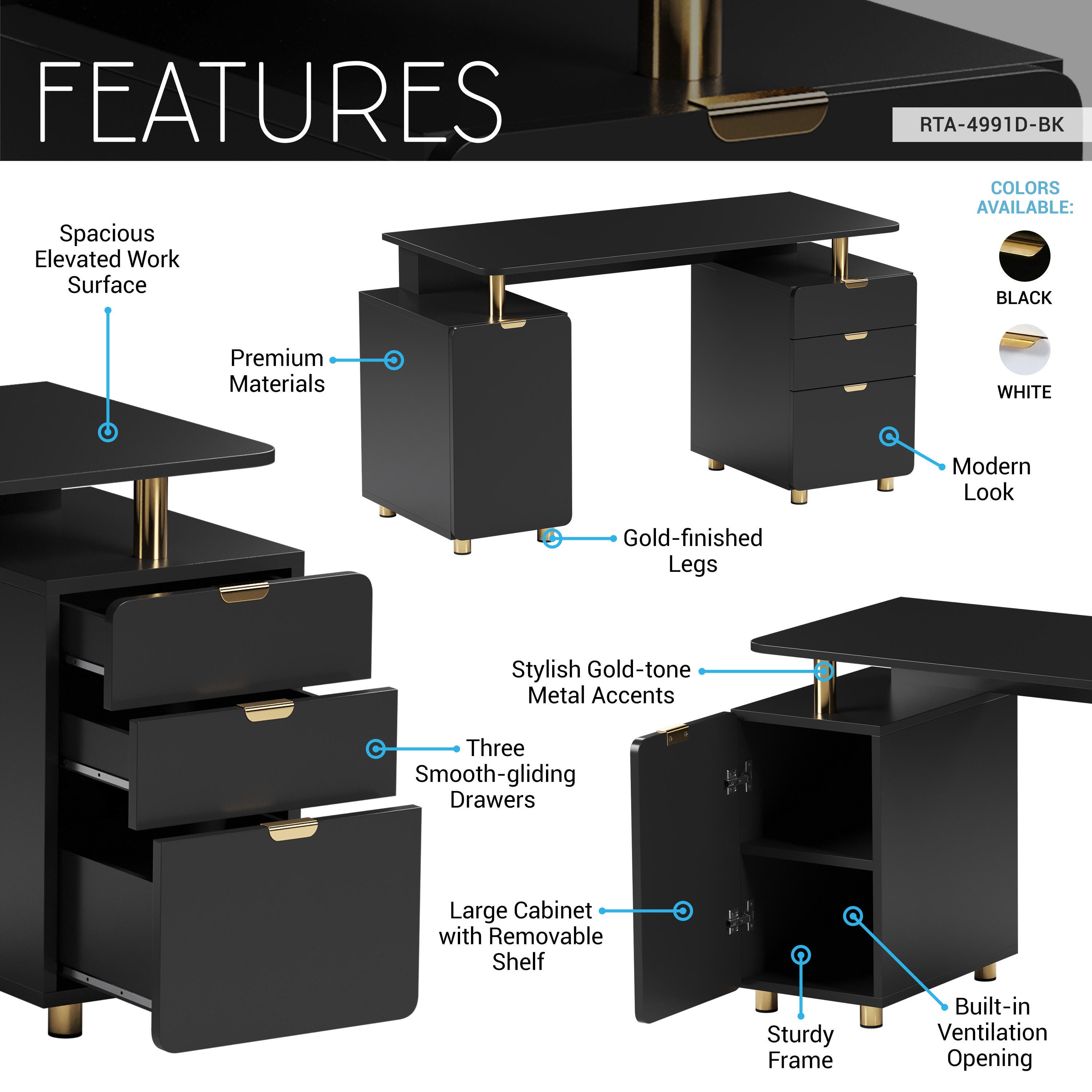 Techni Mobili 56" Home Office Desk, Black, large
