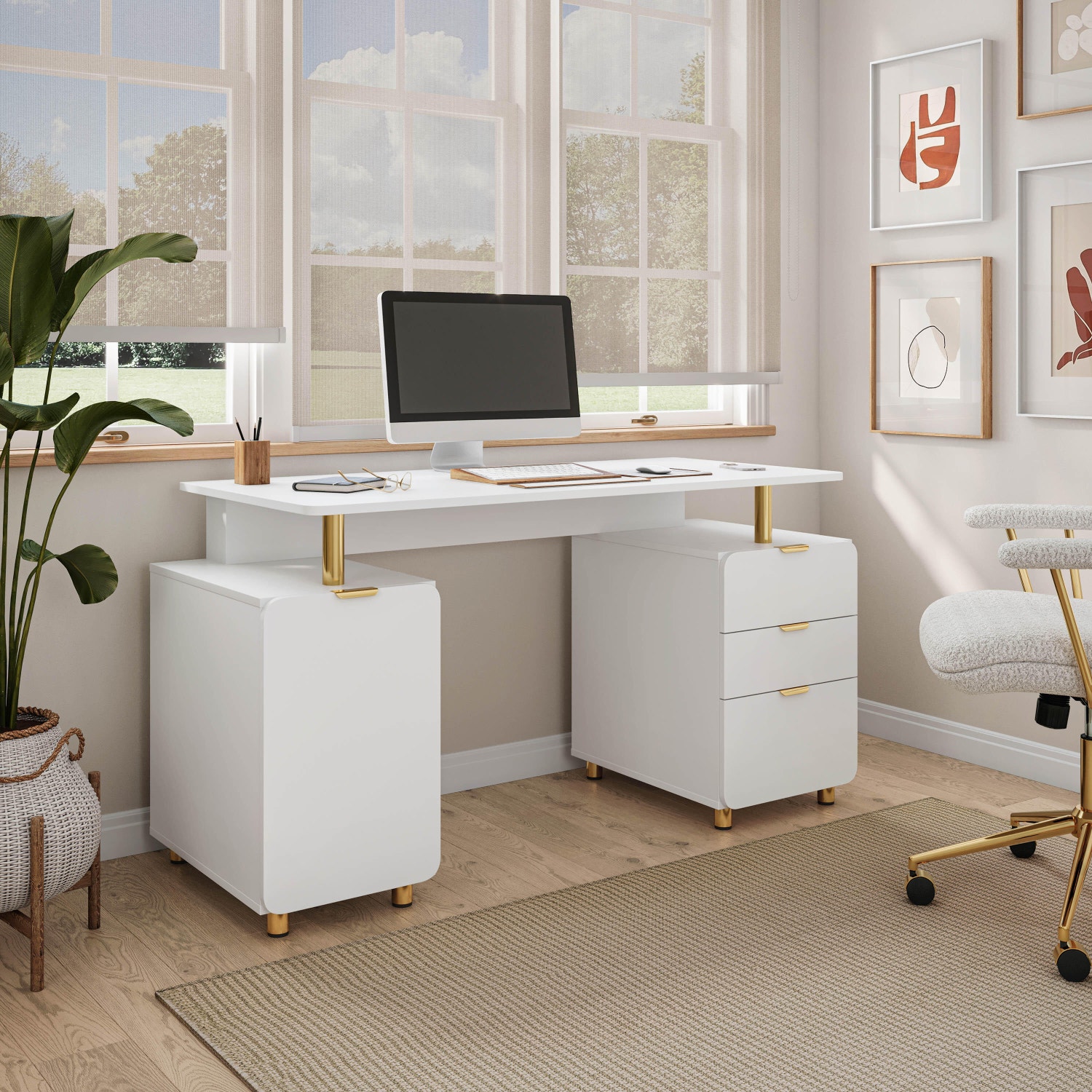 Techni Mobili 56" Home Office Desk, White, large
