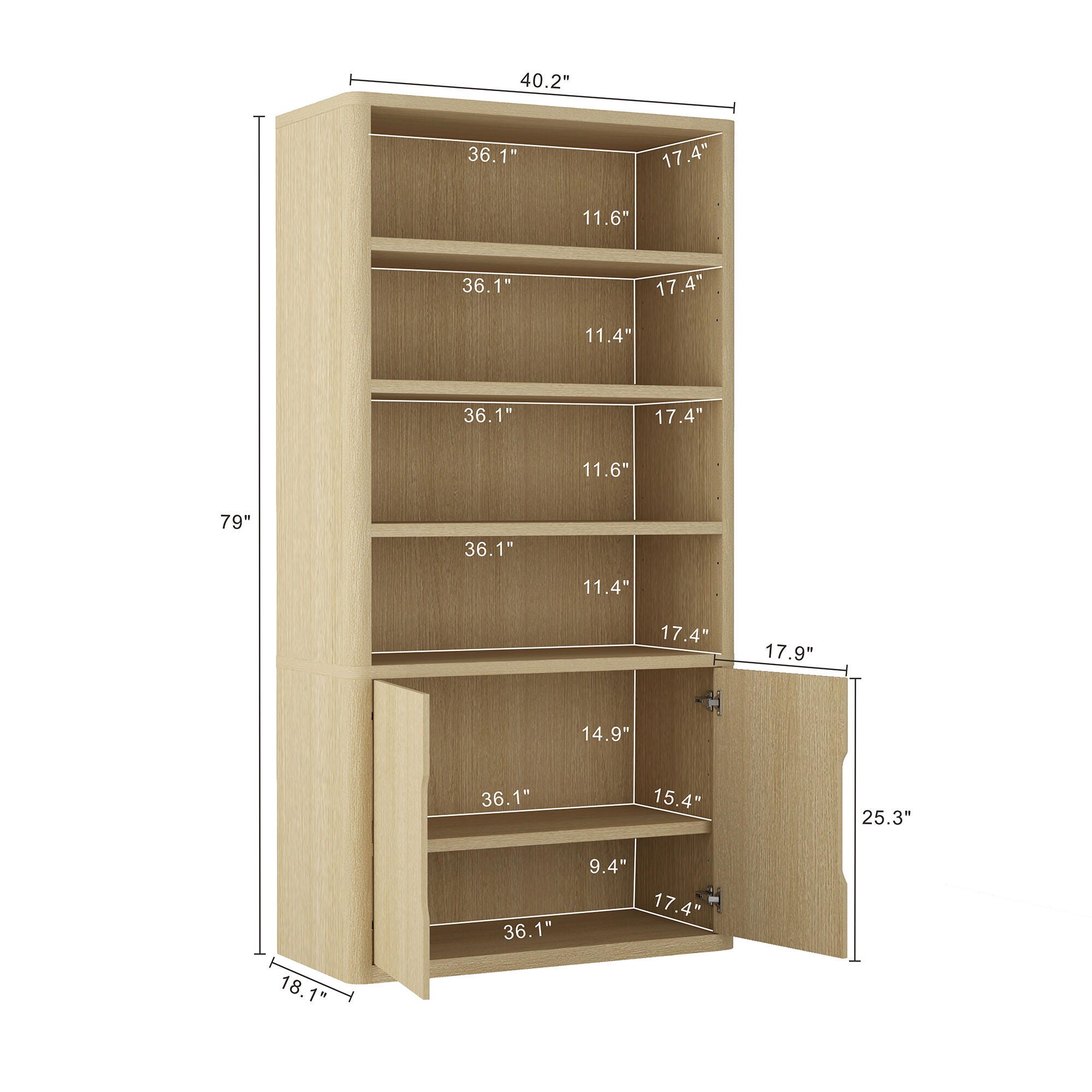 Manhattan Comfort Rivington 79" Bookcase, Natural Oak, large