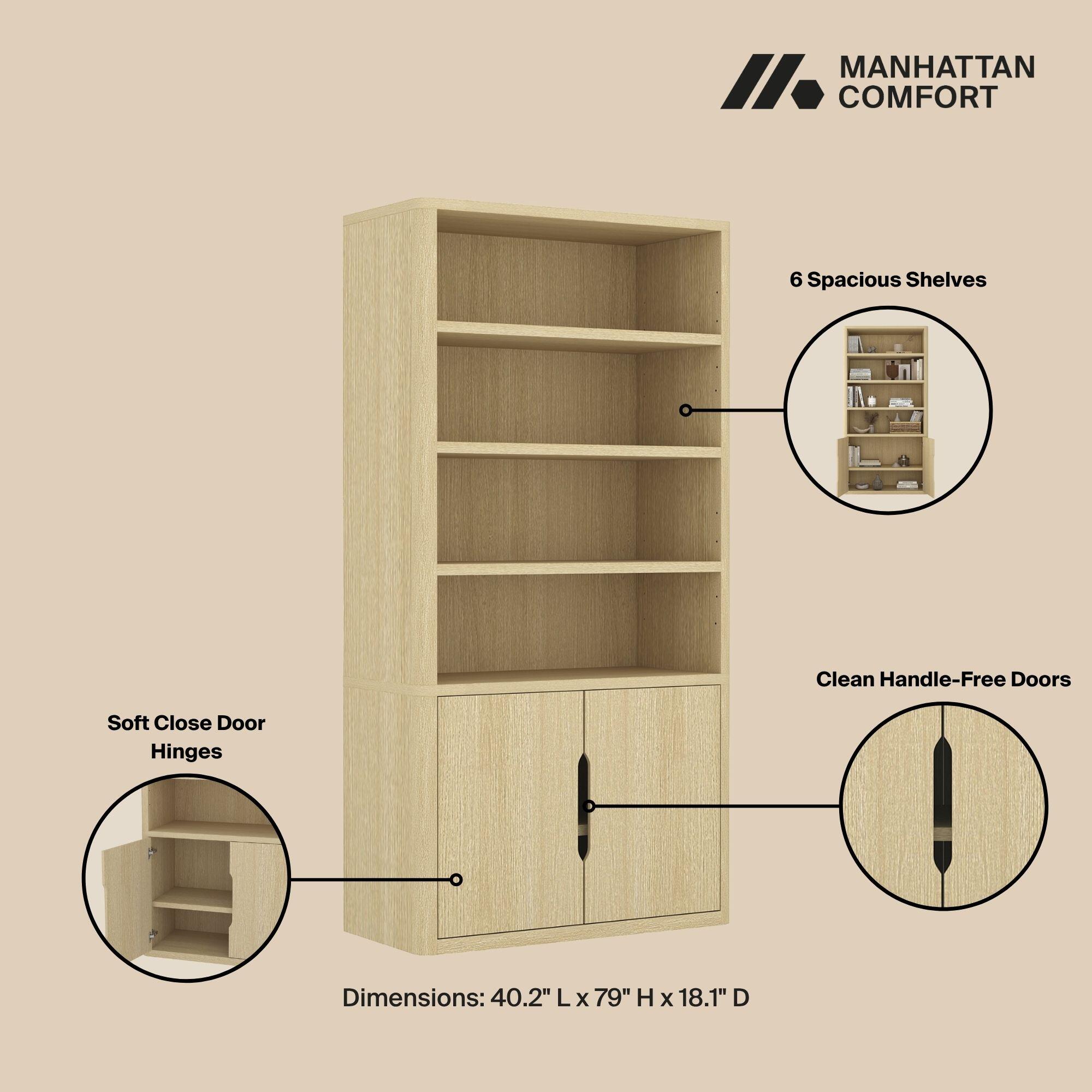 Manhattan Comfort Rivington 79" Bookcase, Natural Oak, large