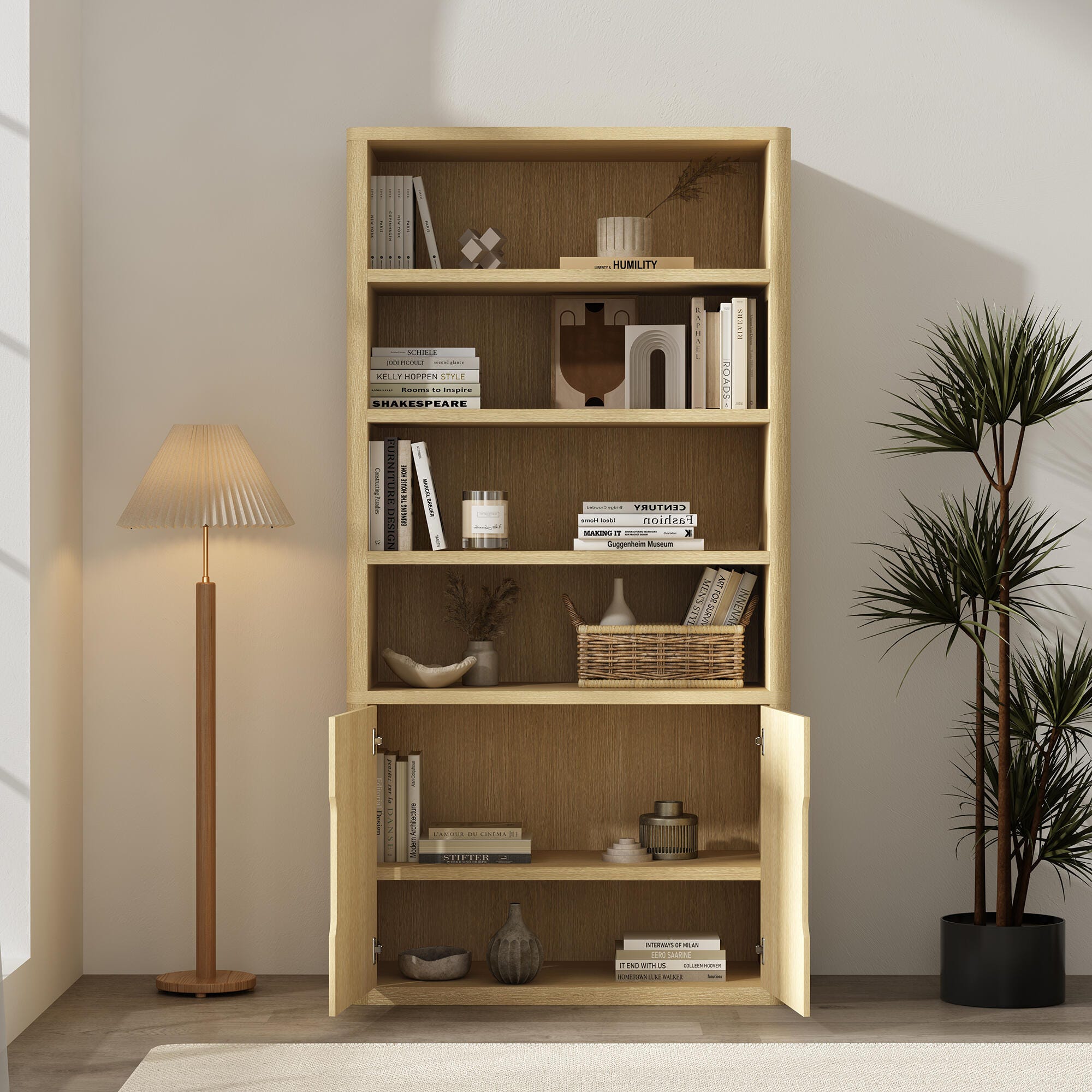 Manhattan Comfort Rivington 79" Bookcase, Natural Oak, large