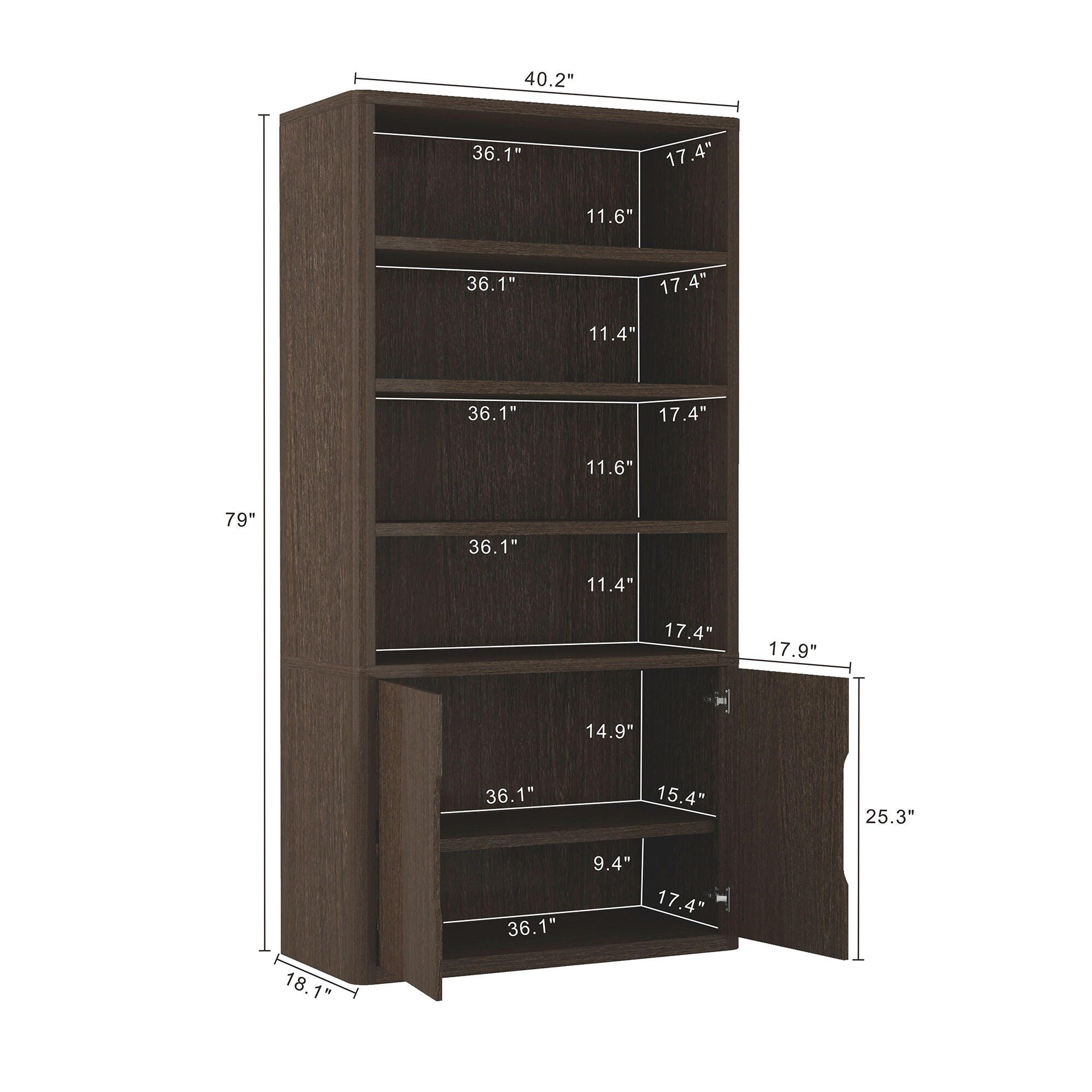 Manhattan Comfort Rivington 79" Bookcase, Walnut, large