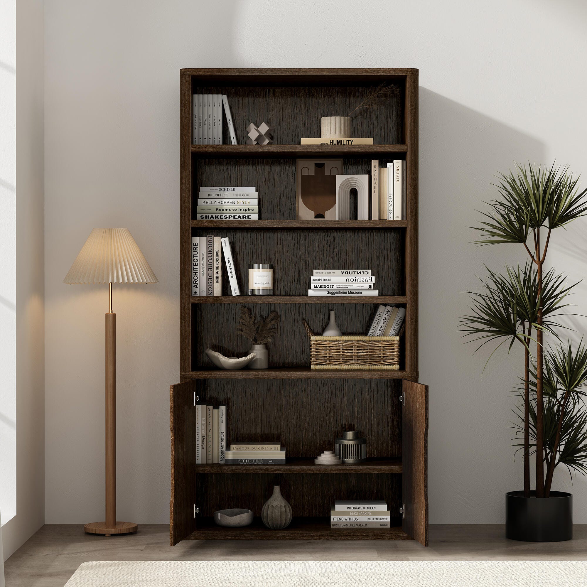 Manhattan Comfort Rivington 79" Bookcase, Walnut, large