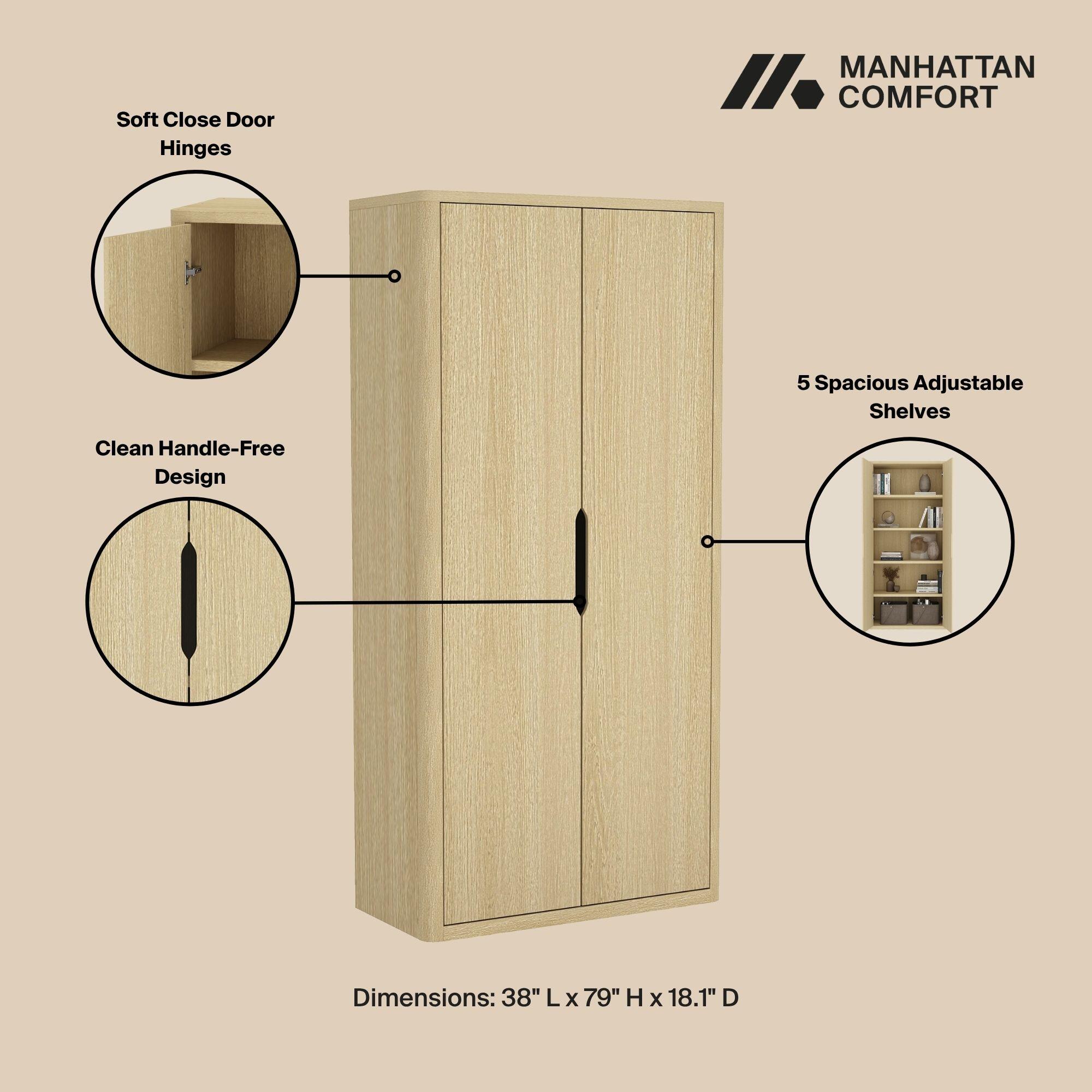 Manhattan Comfort Rivington 79" Bookcase, Natural Oak, large
