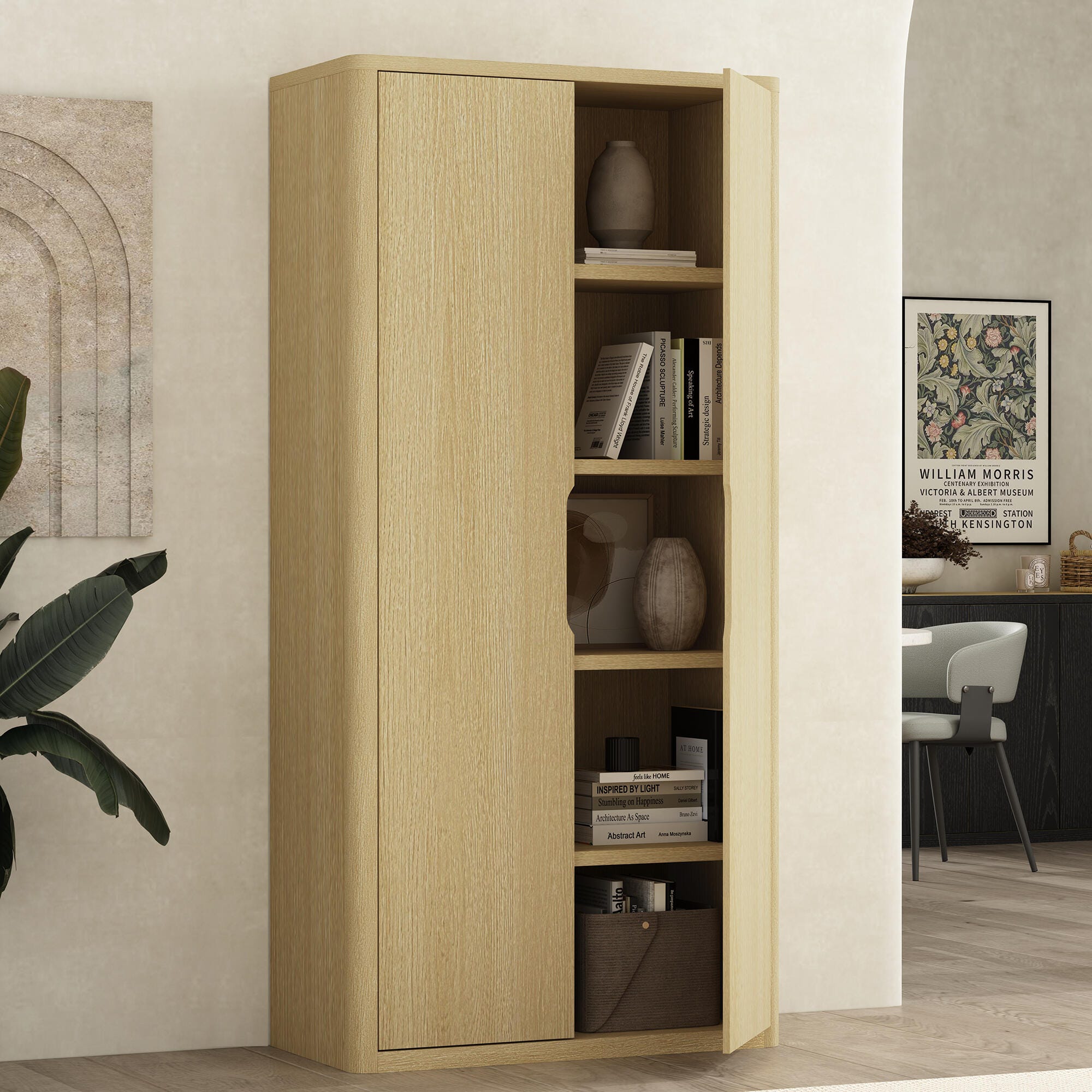 Manhattan Comfort Rivington 79" Bookcase, Natural Oak, large