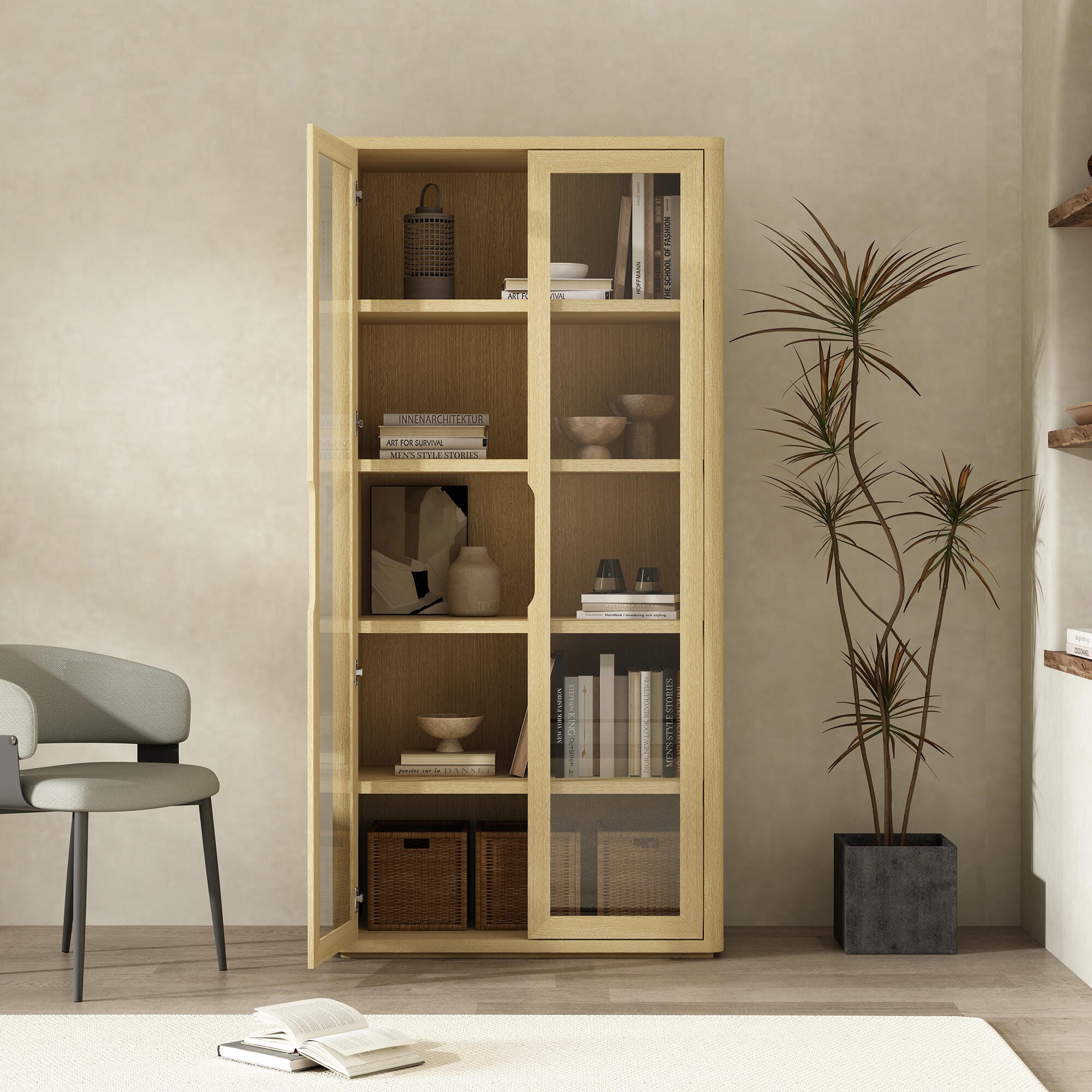 Manhattan Comfort Rivington 79" 5 Shelves Bookcase, Natural Oak, large