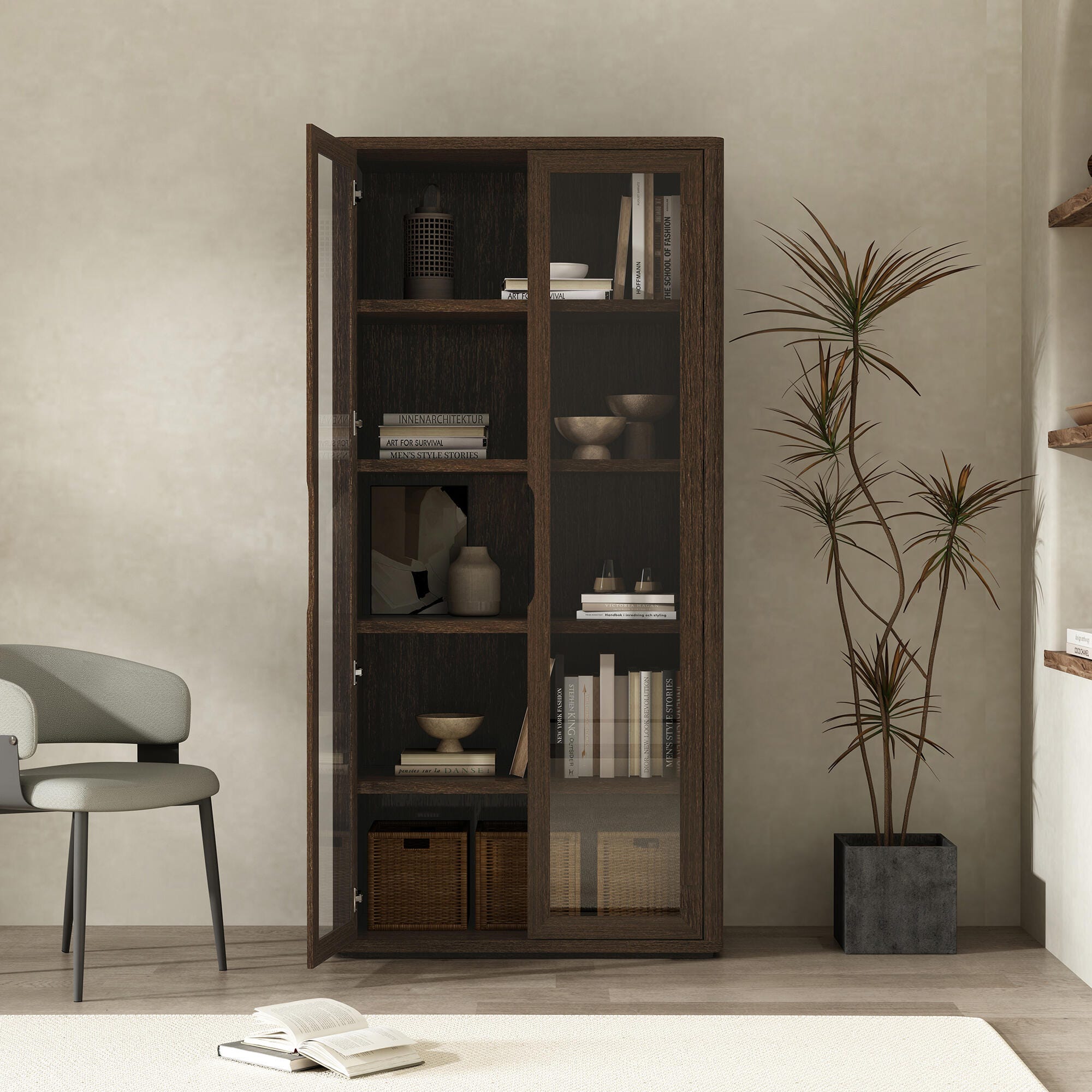 Manhattan Comfort Rivington 79" 5 Shelves Bookcase, Walnut, large