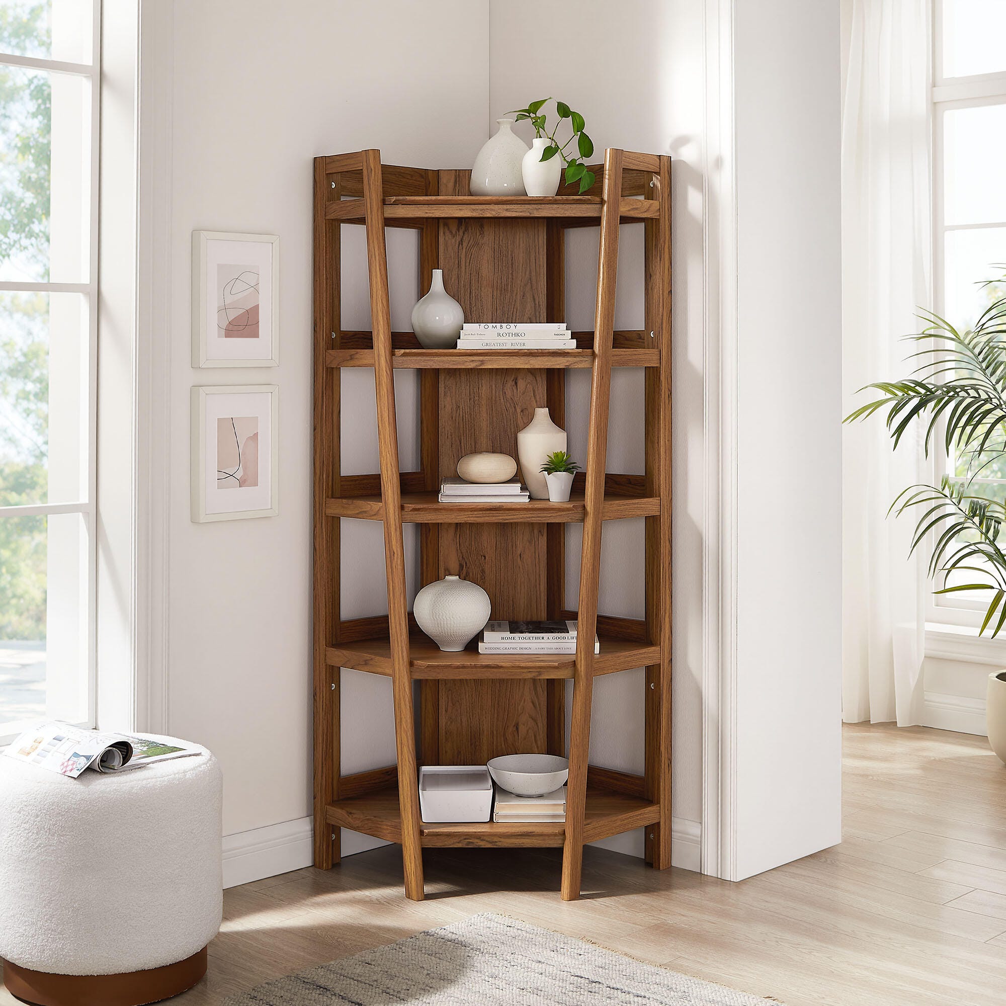 Modway Bixby 71" Corner Bookshelf, Walnut, rollover
