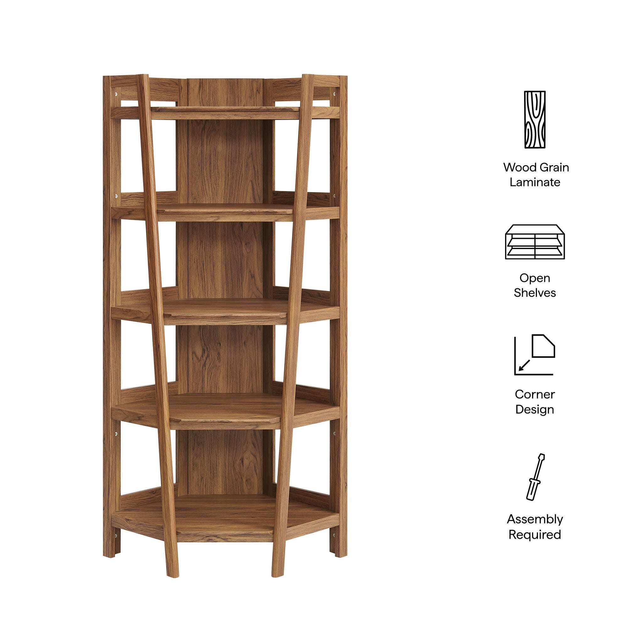 Modway Bixby 71" Corner Bookshelf, Walnut, large