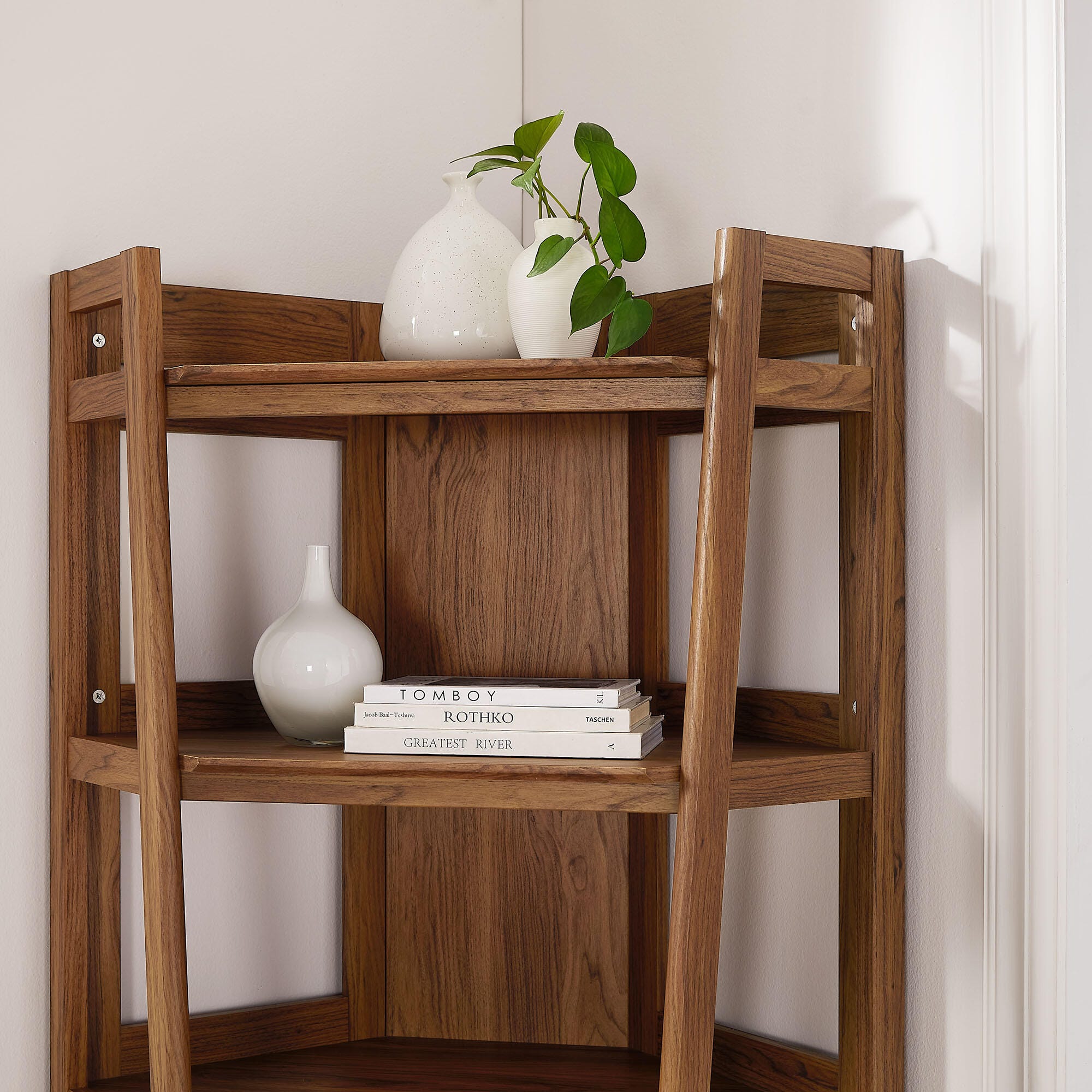 Modway Bixby 71" Corner Bookshelf, Walnut, large