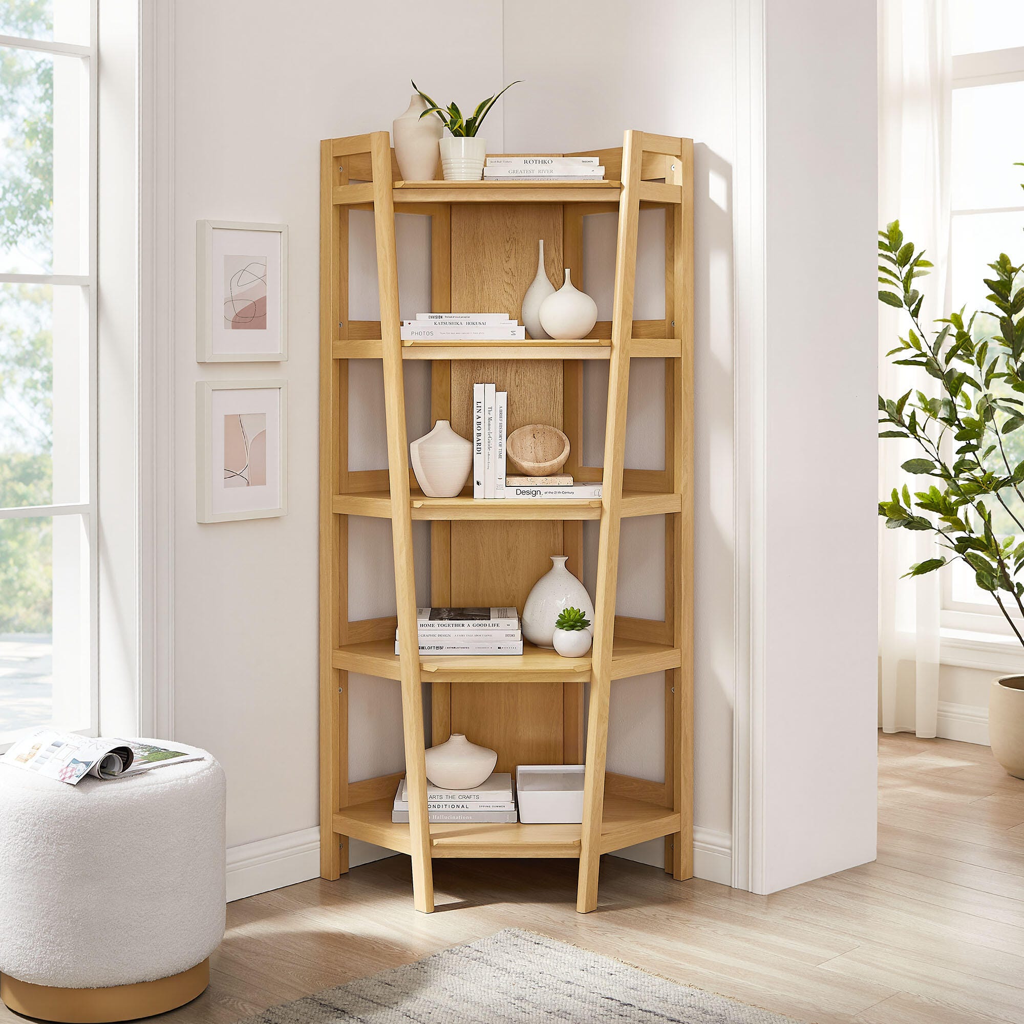 Modway Bixby 71" Corner Bookshelf, Oak, large