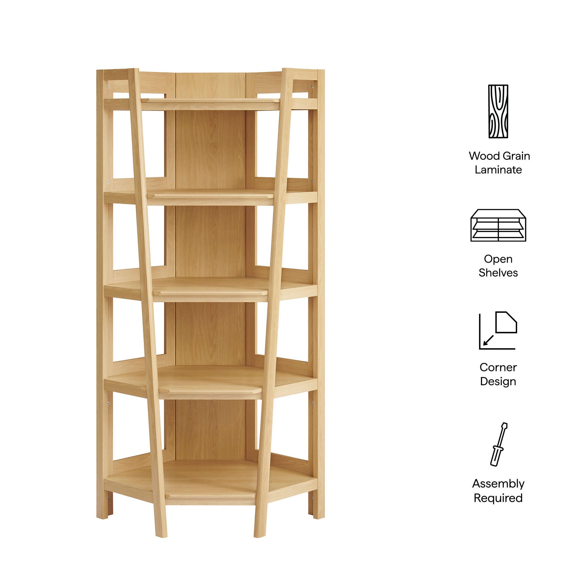 Modway Bixby 71" Corner Bookshelf, Oak, large