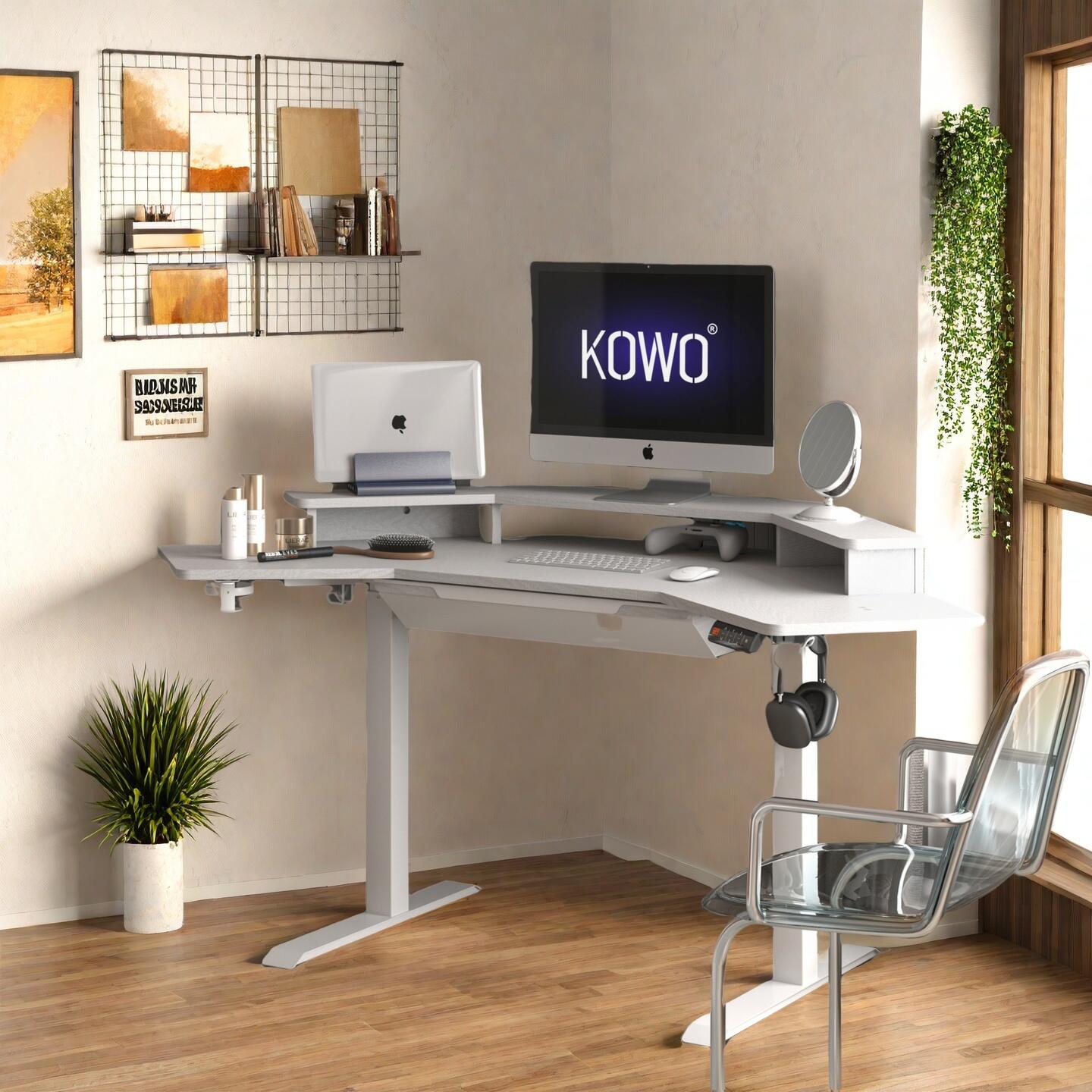 KOWO 67" Corner Adjustable Standing Desk, White, large