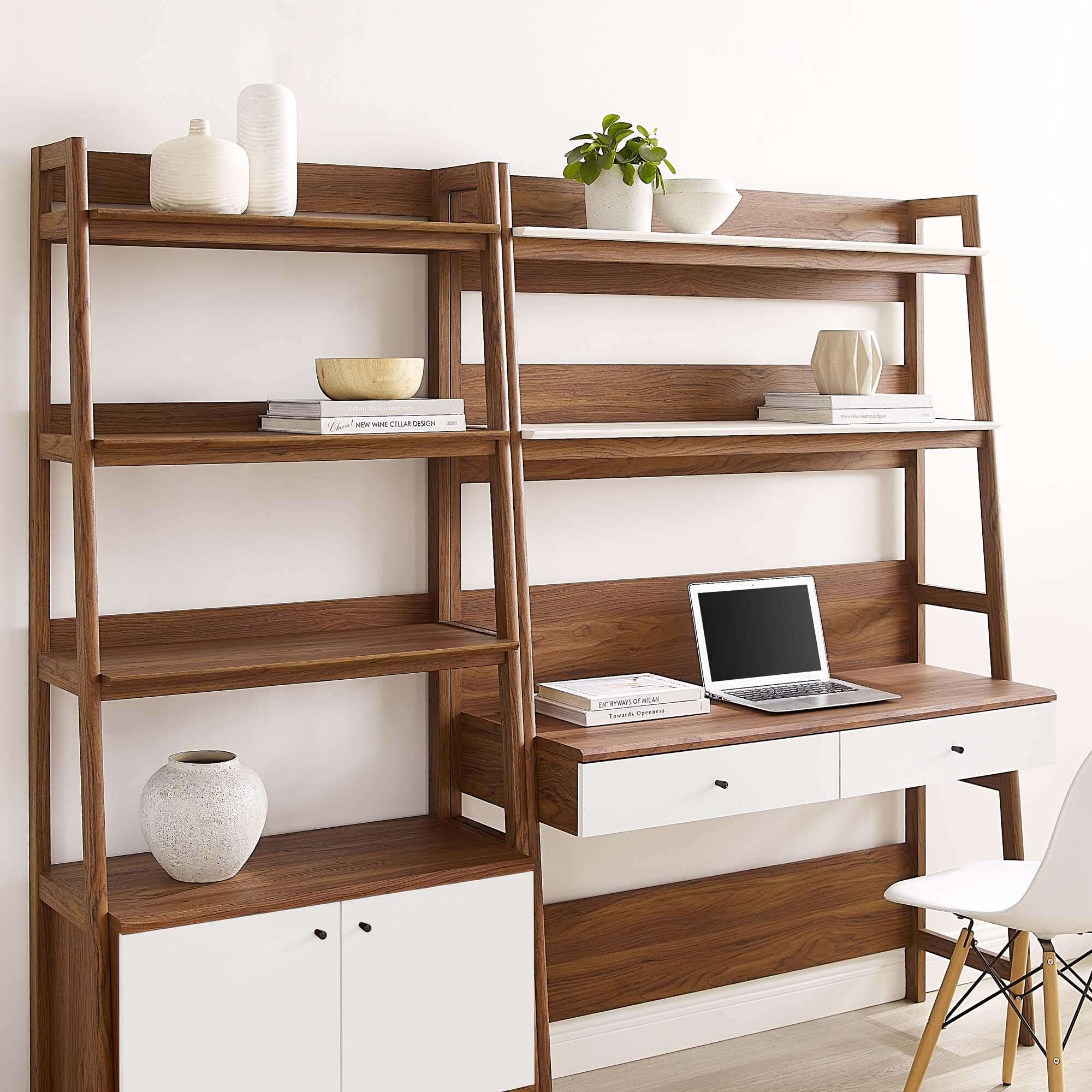 Modway Bixby Solid Home Office Desk and Bookcase, Walnut/White, rollover